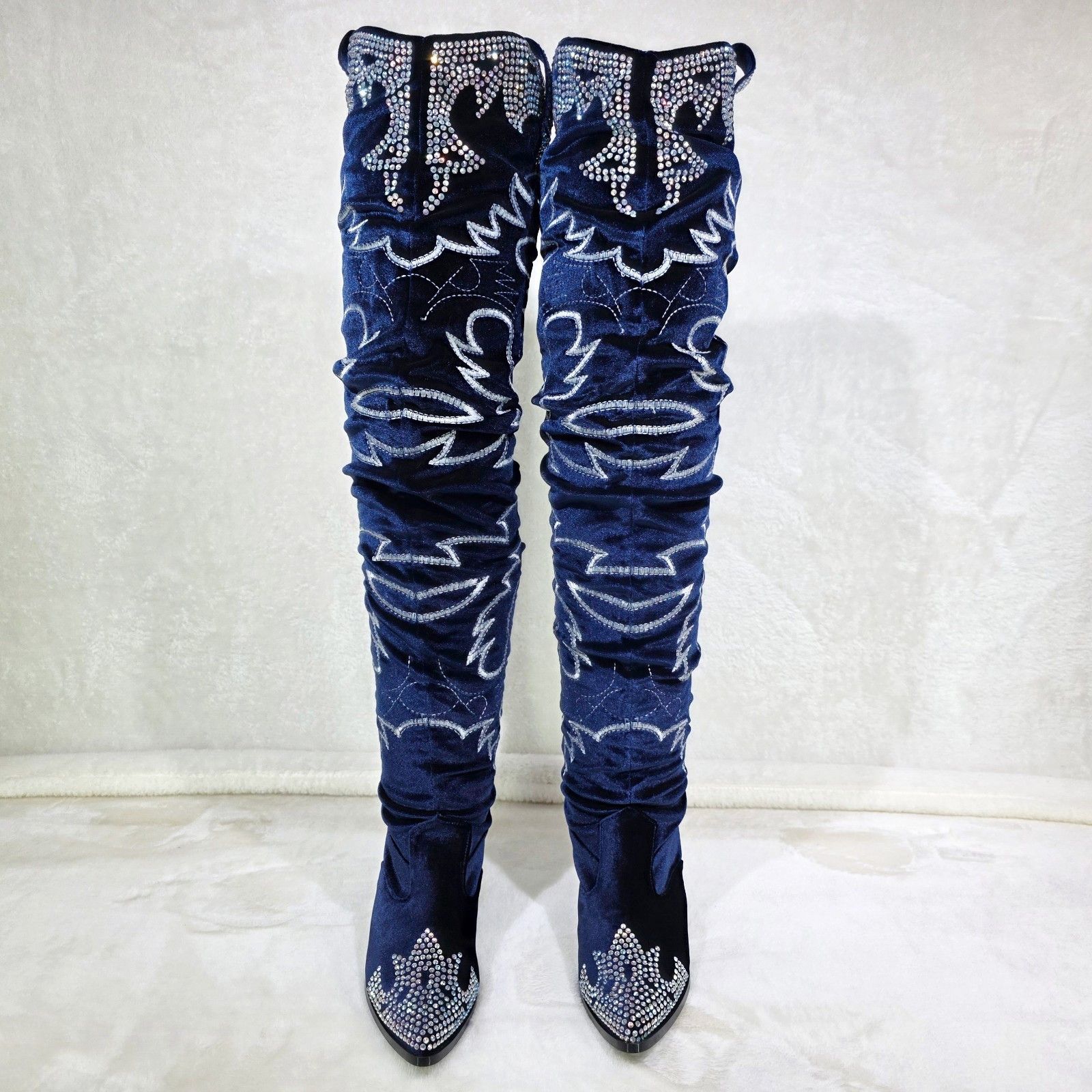 Other Delish Blue Velvet Western Slouch OTK Thigh High Cowboy Boot Size US 8.5 / IT 38.5 - 6 Thumbnail
