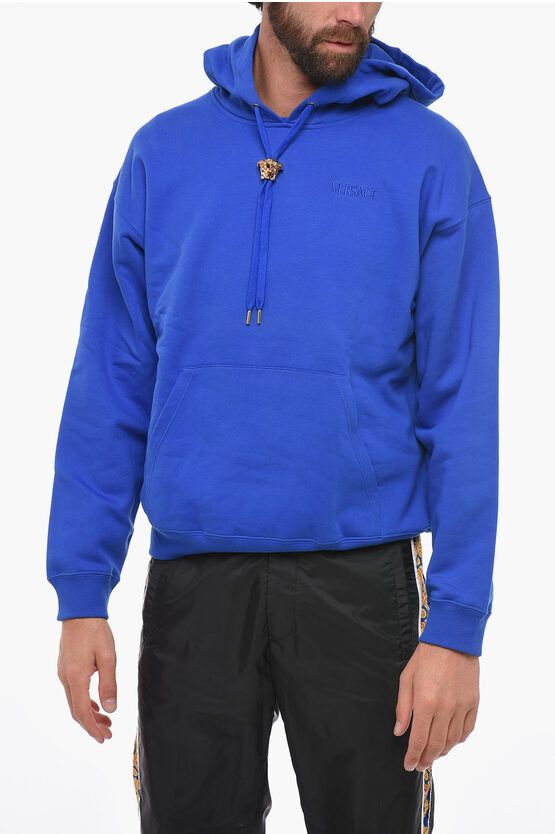 image of Versace Cotton Hoodie With Jewel Drawstring in Blue, Men's (Size XL)