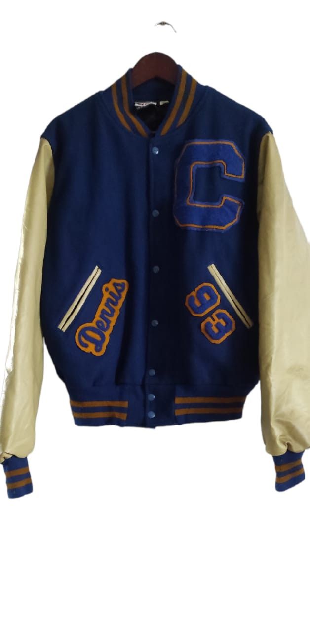 image of Made In USA x Neff Vintage 90's Neff C Letterman Jacket Leather Wool in Blue, Men's (Size XL)