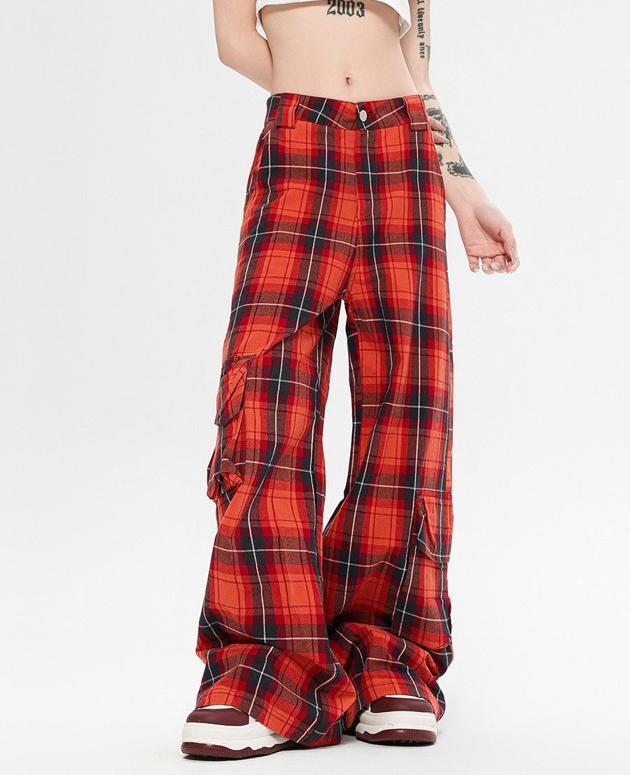 image of Plaid Baggy Wide Leg Pants in Red, Women's (Size 26)