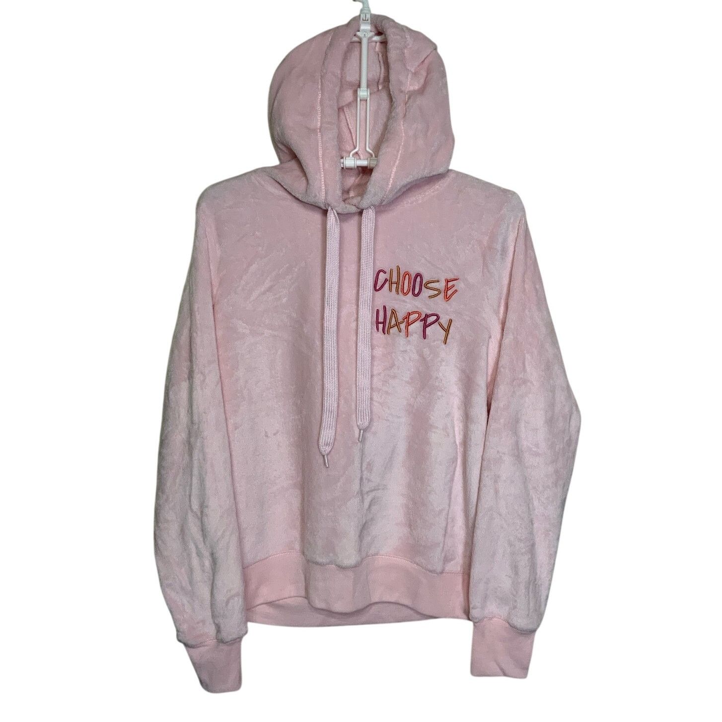 Unknown London Fifth Sun "Choose Happy" Pink Plush Hoodie Womens Size L NWT Size L / US 10 / IT 46 - 1 Thumbnail