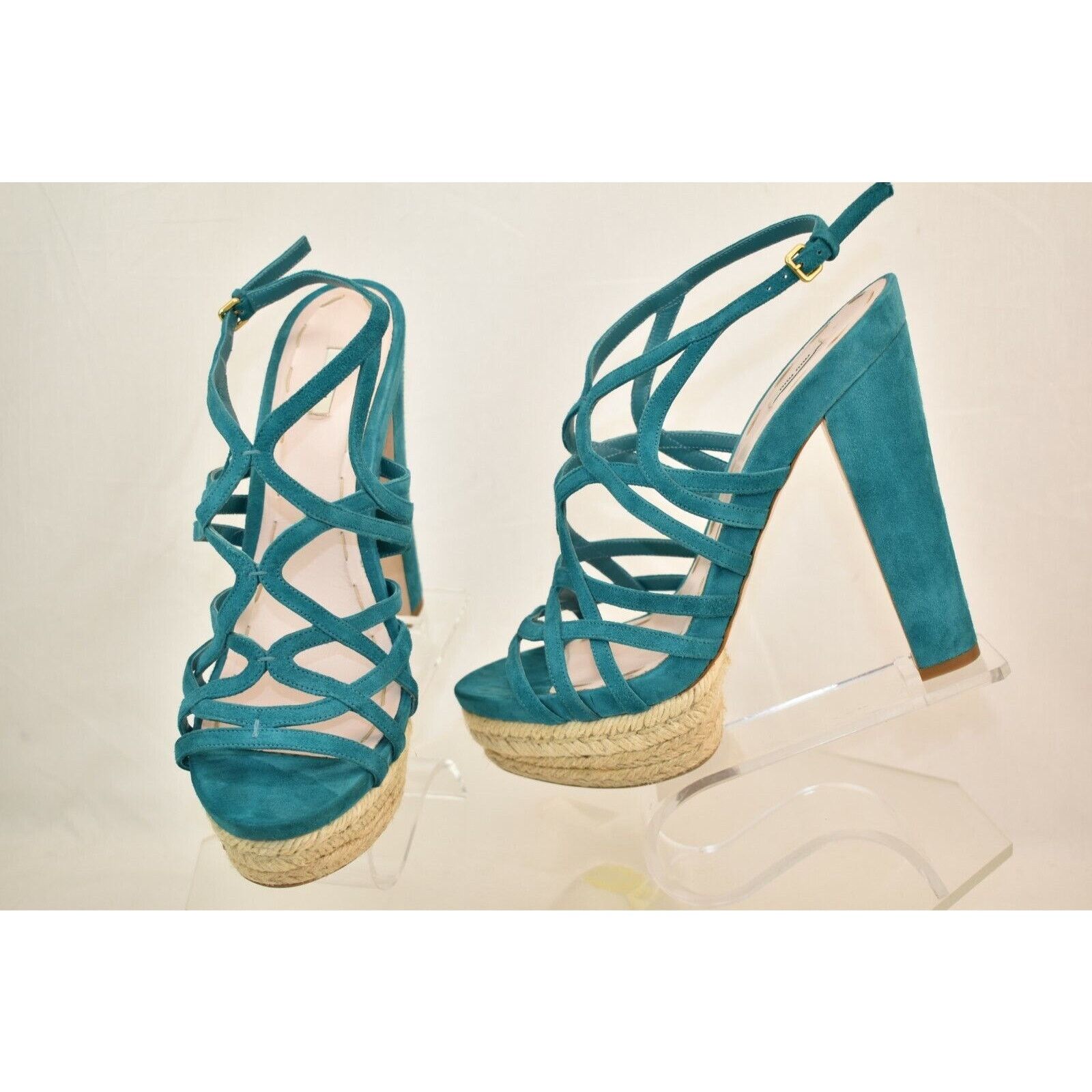 Miu Miu TURQUOISE SUEDE CRISS CROSS PLATFORM ESPADRILLE SANDALS 40 Size US 10 / IT 40 - 5 Thumbnail