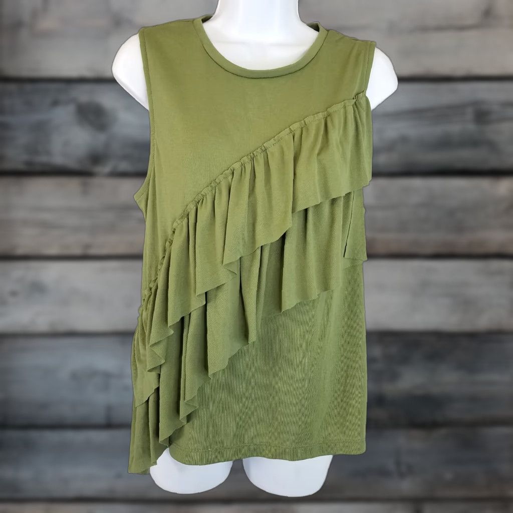 J.Crew J.CREW Womens Tank Top Drapey Ruffle Sz L Green Solid Polyester Blend Sleeveless Round Neck Shirt Womens Size L / US 10 / IT 46 - 1 Thumbnail
