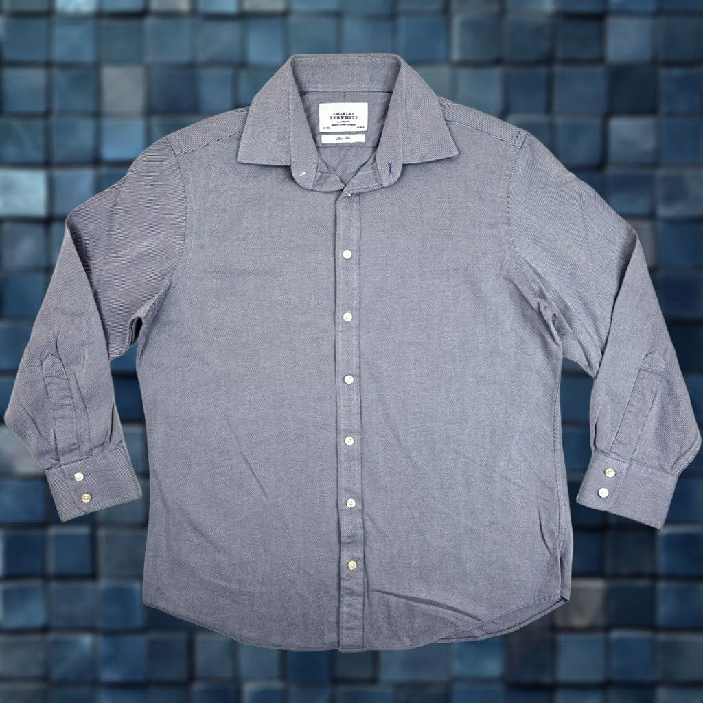 Charles Tyrwhitt Charles Tyrwhitt Slim Fit Button Striped Shirt Men L Blue Dress Shirt Sleeve Long Pattern Striped Non-Iron Chest 46 in Adults Mens Size 42R - 1 Thumbnail
