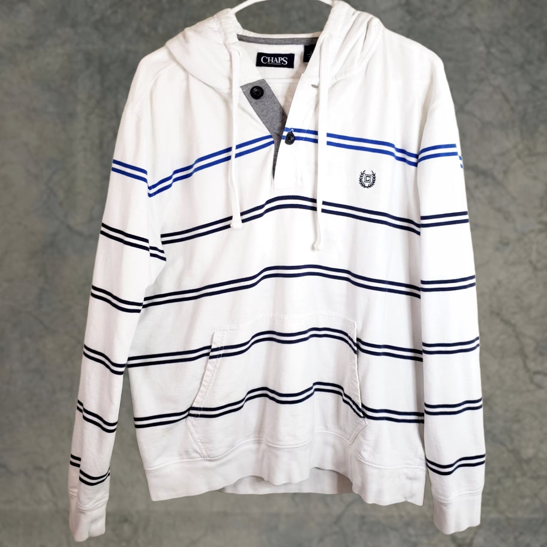Chaps Chaps Men's L White Blue Navy Striped Cotton Blend Long Sleeve Pullover Hoodie Size US L / EU 52-54 / 3 - 1 Thumbnail