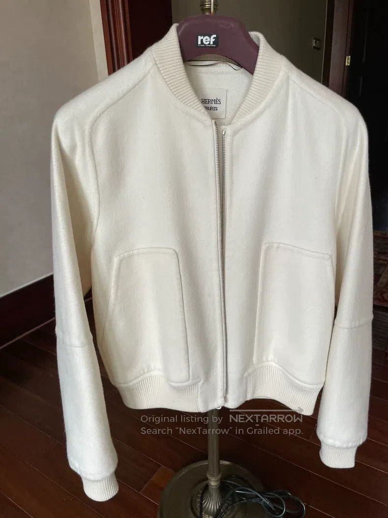 Hermes White Cashmere Coat with Crocodile Leather Trim