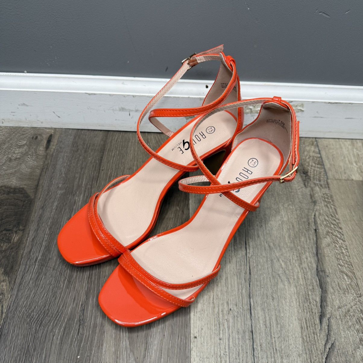 Rogue Rouge! Bright Orange Patent Strappy Ankle-Wrap Heels Size US 7.5 / IT 37.5 - 1 Thumbnail