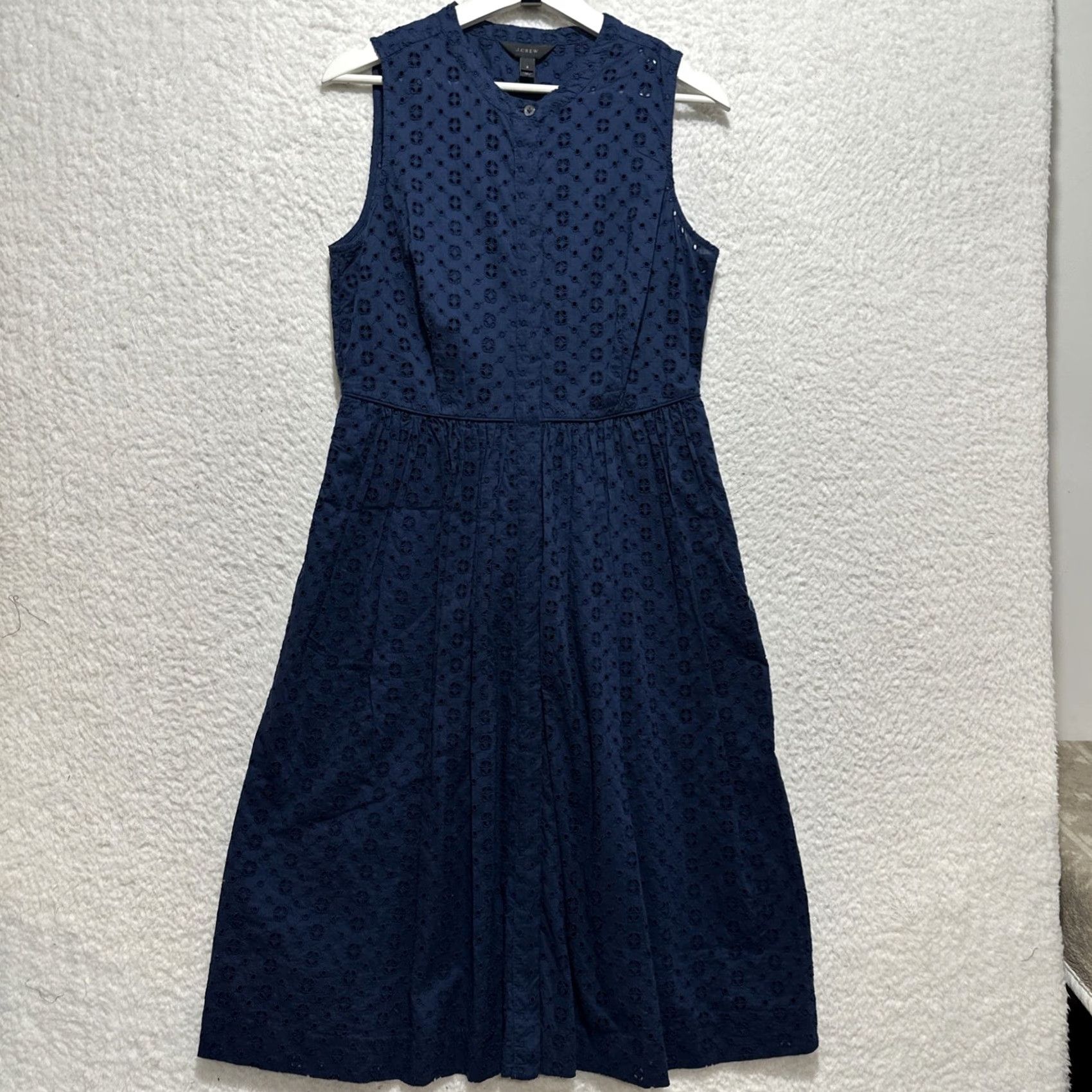 J.Crew J.Crew Eyelet Shirtdress Women Size 8 Deep Navy Sleeveless Round Neck Midi Blue Sundress Shirt Dress Summer Womens Size M / US 6-8 / IT 42-44 - 2 Thumbnail