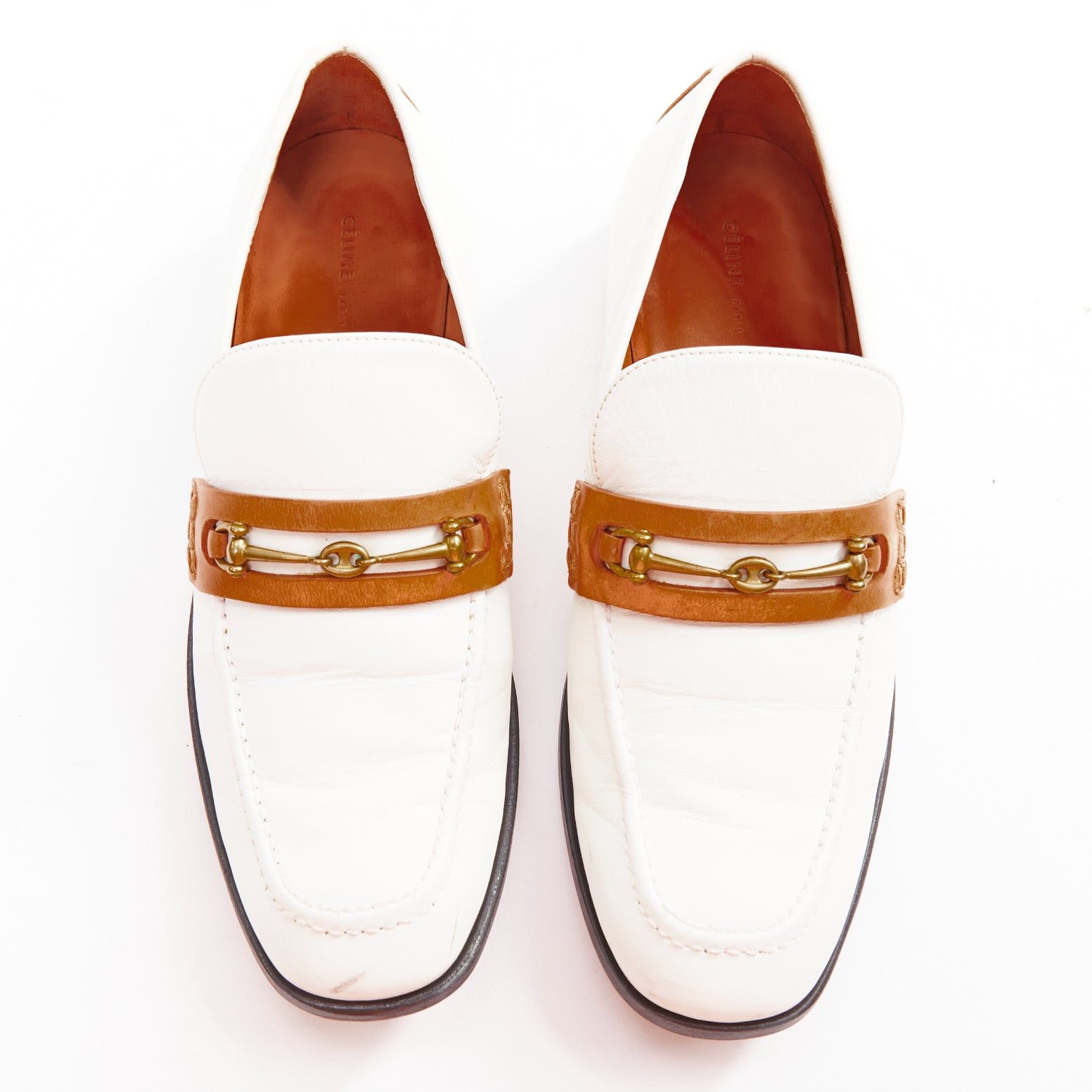 Celine OLD CELINE Phoebe Philo white goat leather brown Triomphe horsebit buckle loafer EU37.5 Size US 7.5 / IT 37.5 - 1 Thumbnail