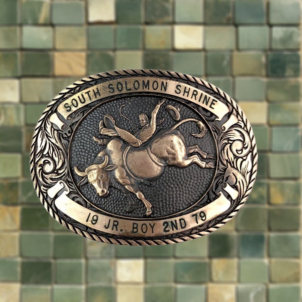 Vintage VINTAGE Award Design South Solomon Shrine 1979 Rodeo Bull Rider Solid Brass Belt Buckle Mens Brass 1970s Rodeo Cowboys Buckle Size ONE SIZE - 1 Thumbnail
