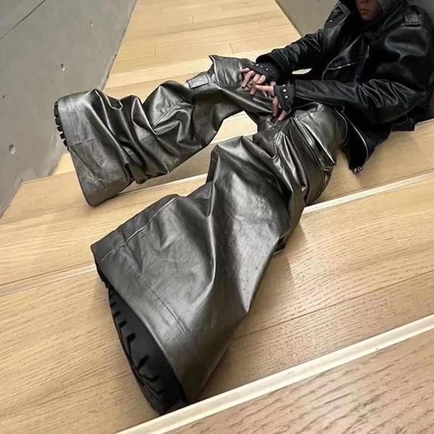 Japanese Brand × Leather Leather Pants Hombre Baggy Wide Leg Drawstring Size US 35 - 1 Thumbnail