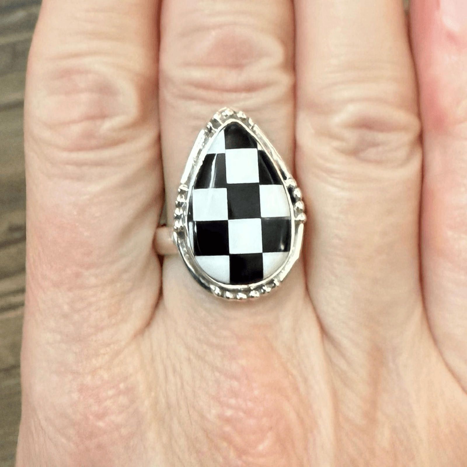 NBDN Nobrandedon Trendy Southwest Onyx Checkerboard Sterling Silver Ring 8 Size ONE SIZE - 5 Thumbnail
