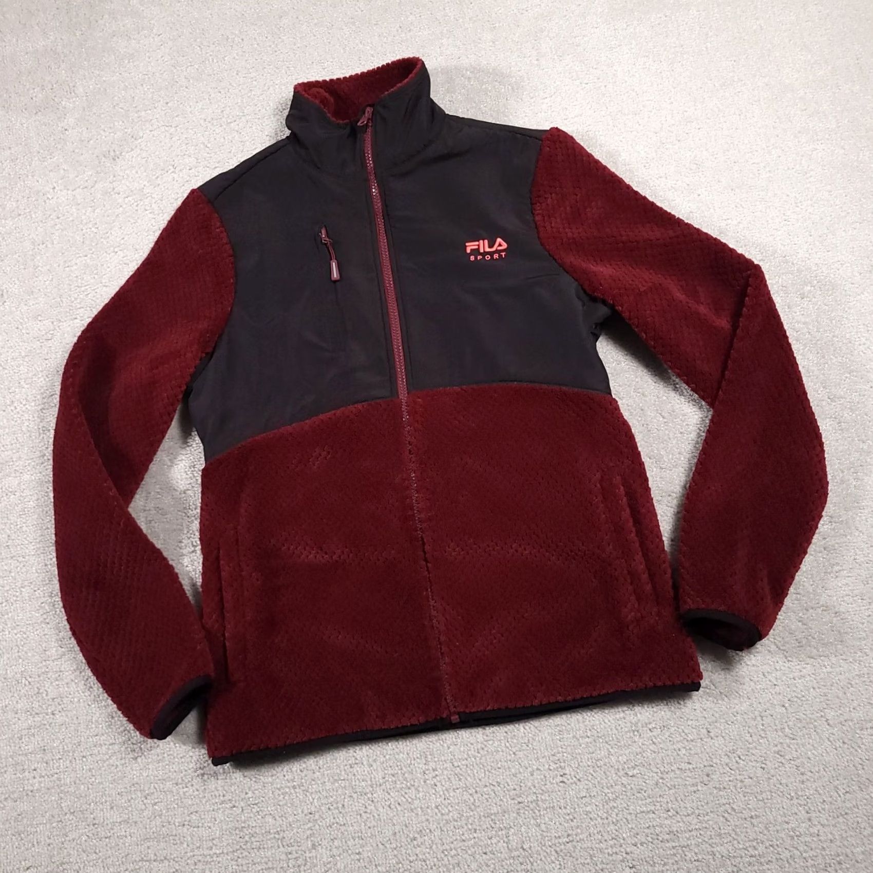 Fila FILA Sport Fleece Jacket Women's Small Black Burgundy Faux Fur Full Zip Pockets Size S / US 4 / IT 40 - 2 Thumbnail