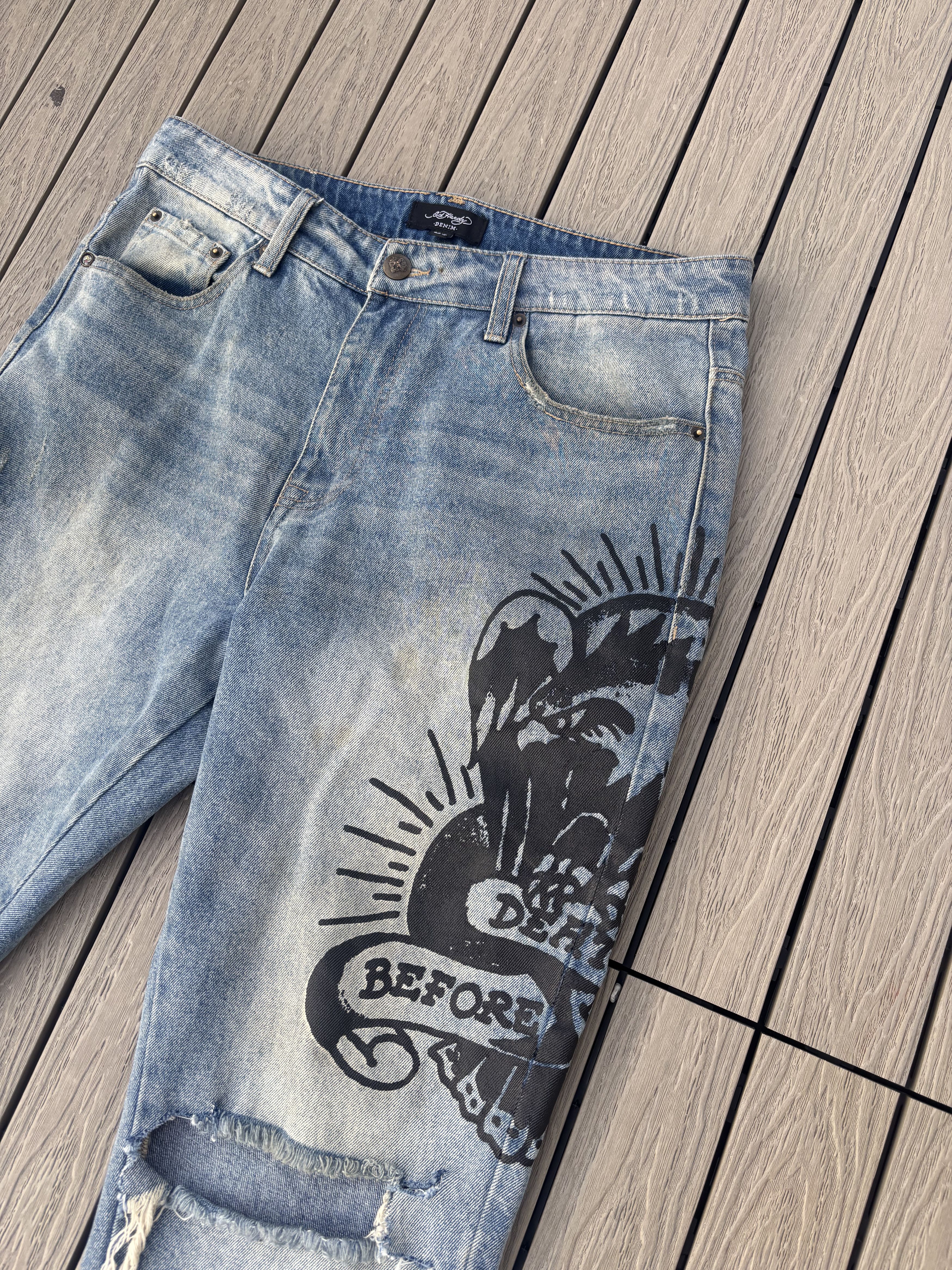 Ed Hardy Ed Hardy Printed Distressed Light Wash Logo Denim 34 Size US 34 / EU 50 - 7 Thumbnail