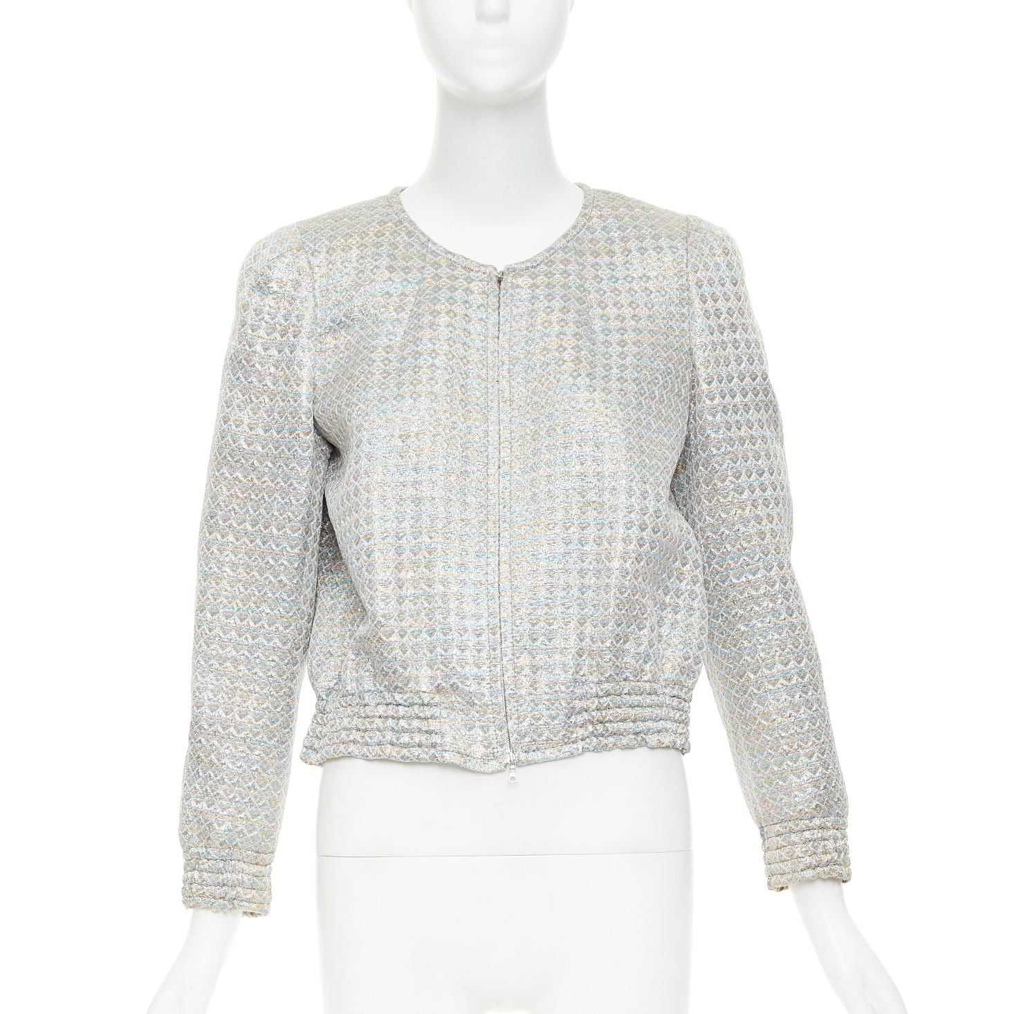 Dries Van Noten DRIES VAN NOTEN 2017 metallic silver multicolor geometric jacquard crop jacket FR40 L Size M / US 6-8 / IT 42-44 - 1 Thumbnail