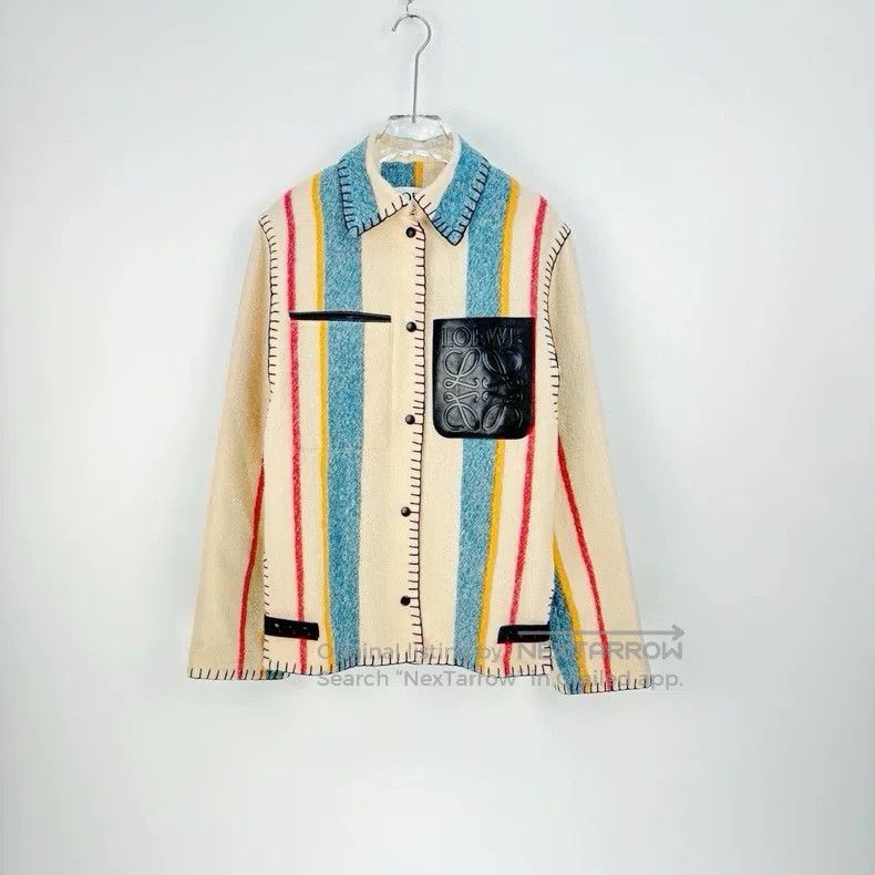 Loewe LOEWE Khaki Vertical Striped Classic Leather Logo Wool Coa Size 4XL / US 24-26 - 3 Thumbnail