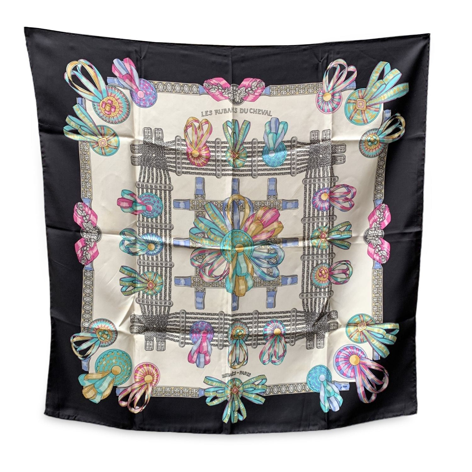 image of Hermes Vintage Black Silk Scarf 1988 Les Rubans Du Cheval Metz, Women's