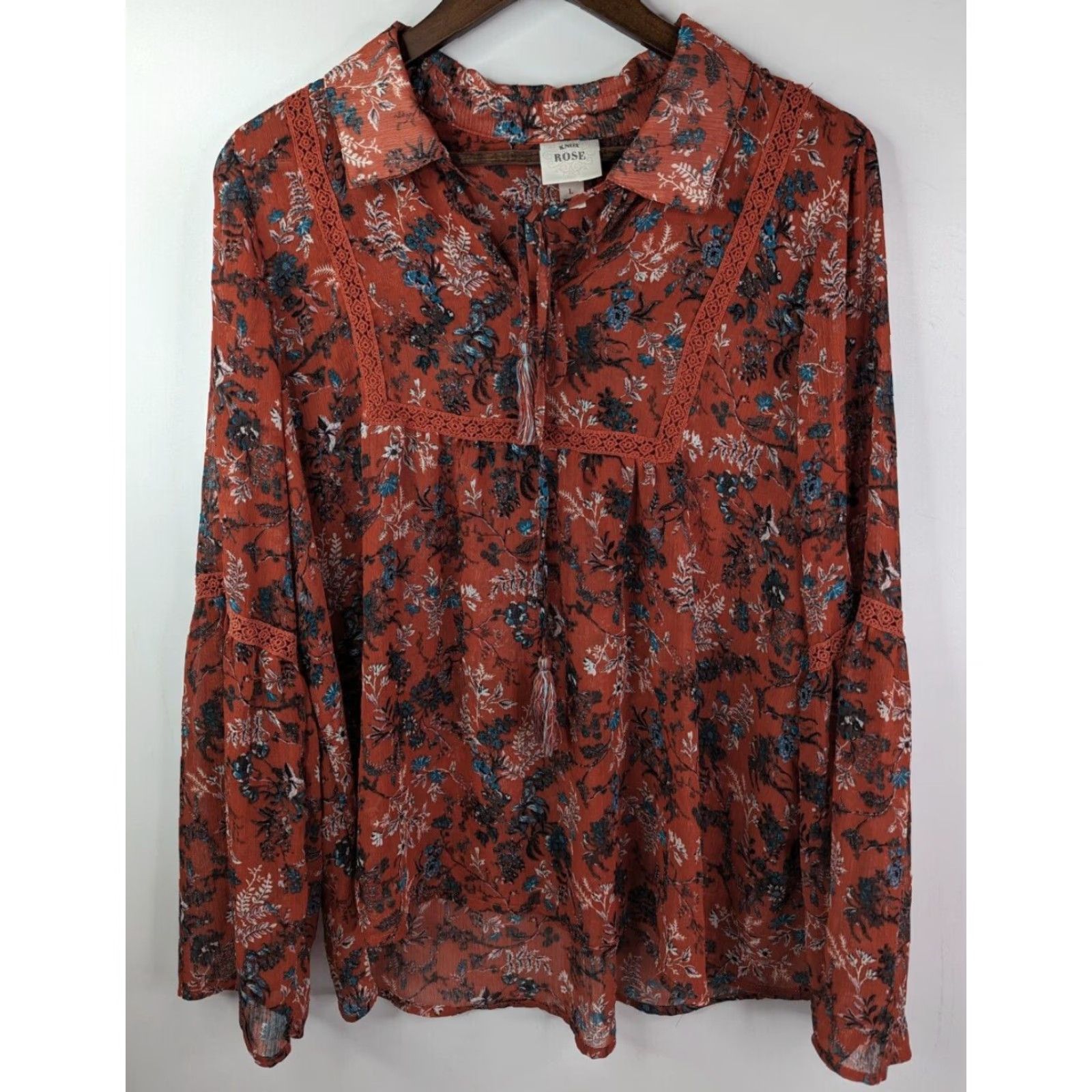 Vintage Knox Rose Blouse Terracotta Floral Sheer Long Bell Sleeve V Neck Tassel Women's L Size L / US 10 / IT 46 - 2 Thumbnail