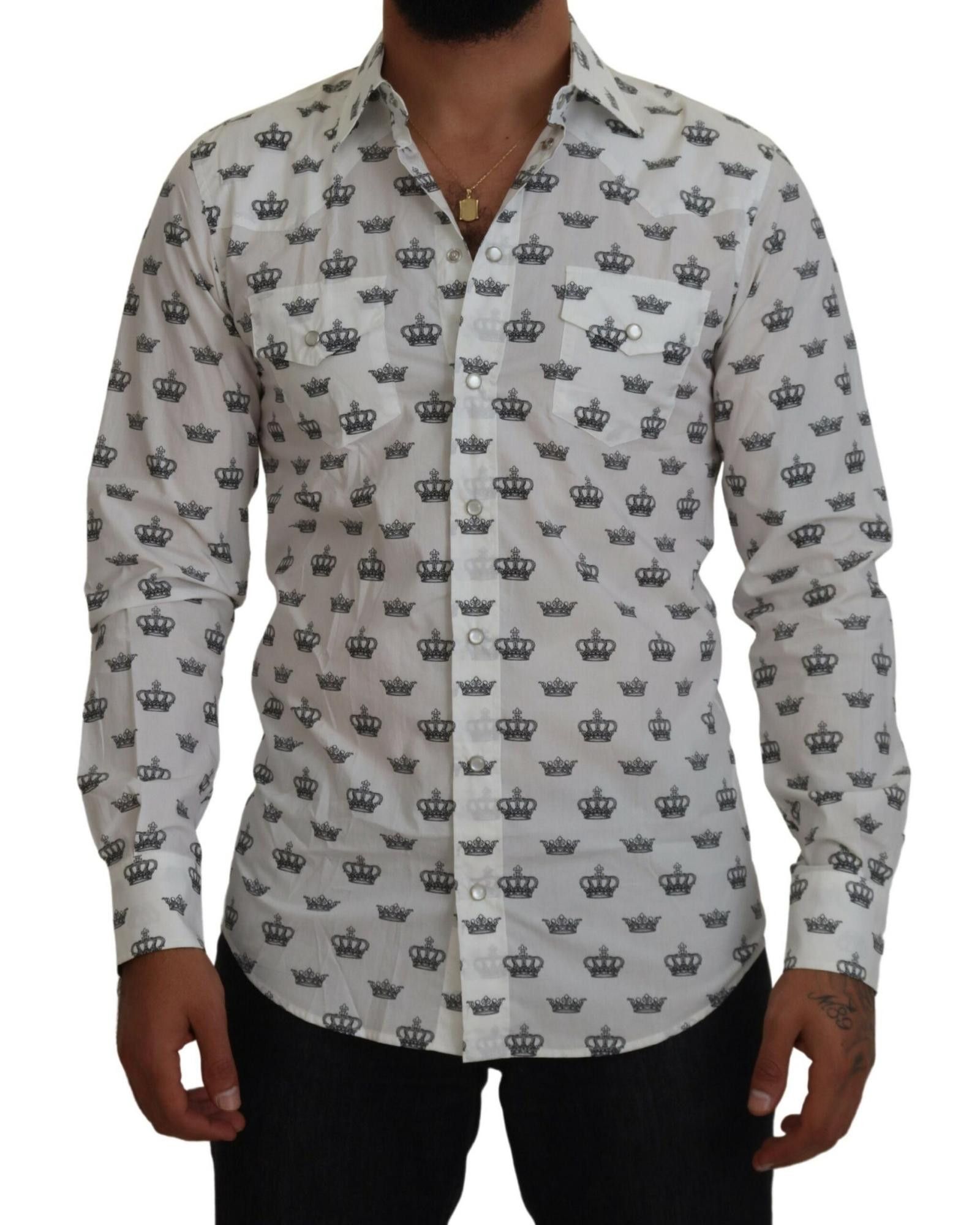 image of Dolce Gabbana Crown Print Cotton Shirt in White, Men's (Size XS)