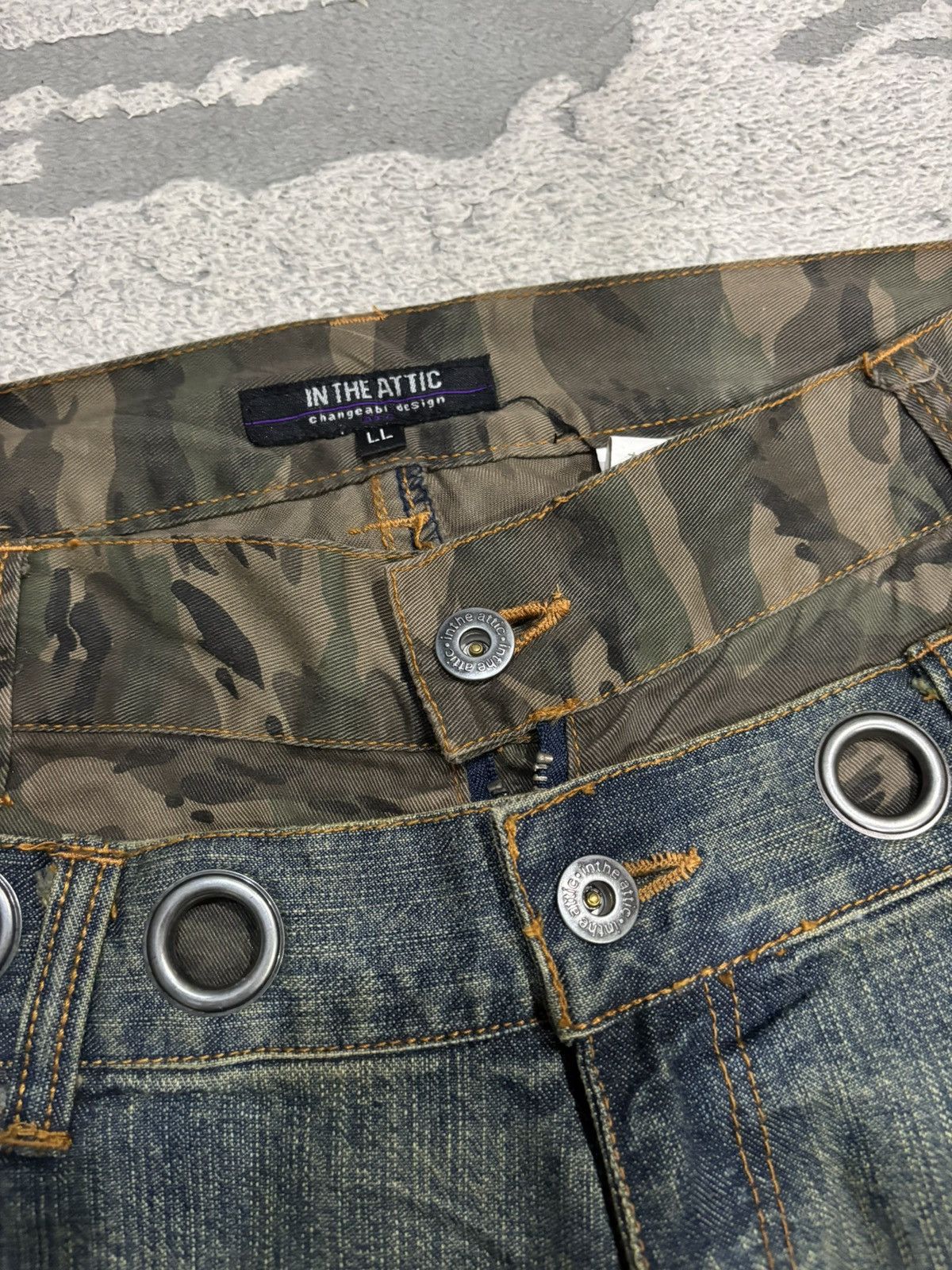If Six Was Nine × In The Attic × Undercover IN THE ATTIC Double Waist Camo Grommet Wide Leg Denim Jeans Size US 35 - 10 Thumbnail