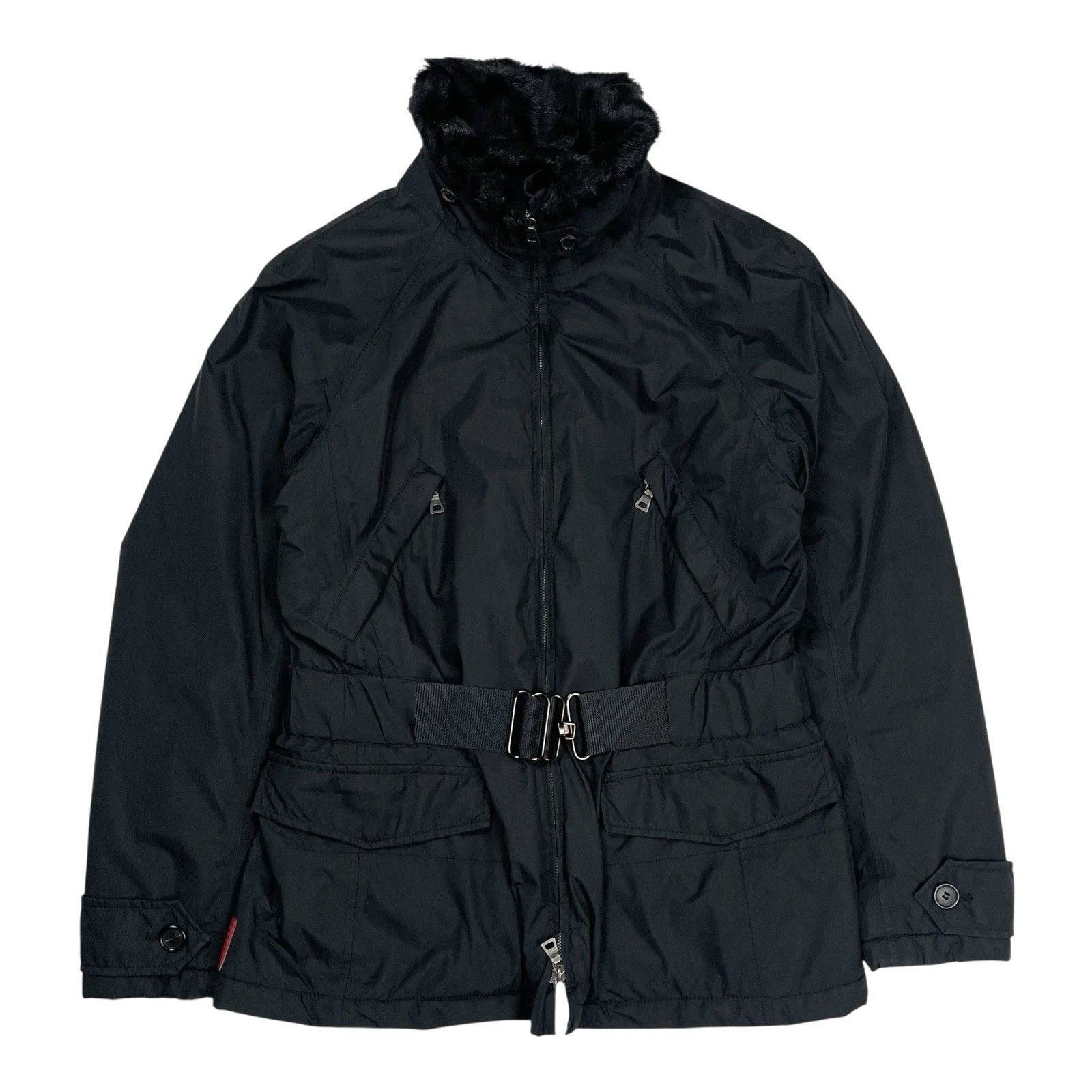 Prada Prada Goretex Jacket Fur Trim Belted Coat Black Goat Fur Size L / US 10 / IT 46 - 1 Thumbnail