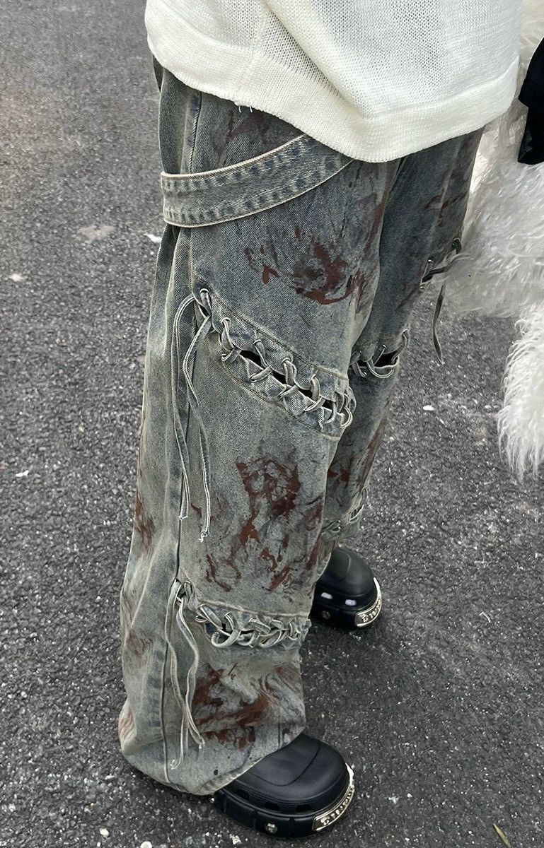 Avant garde punk y2k washed dirty paint tie up jeans pants