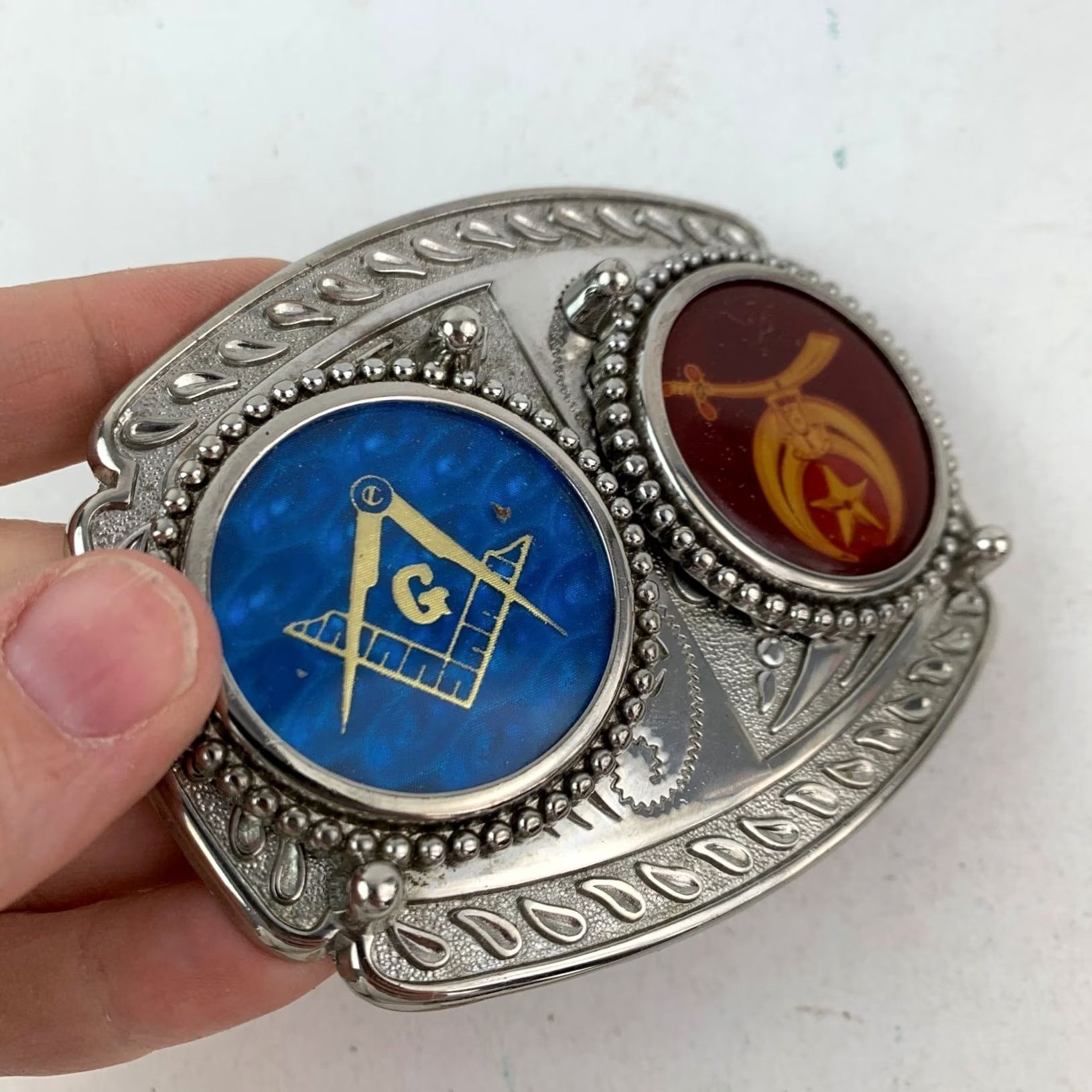Vintage VINTAGE Masonic Shriners Belt Buckle Silver Blue Red Gold Fraternal Lodge Western Men, Belt Buckle, Silver-tone, Enamel, Fraternal, - Size ONE SIZE - 2 Thumbnail