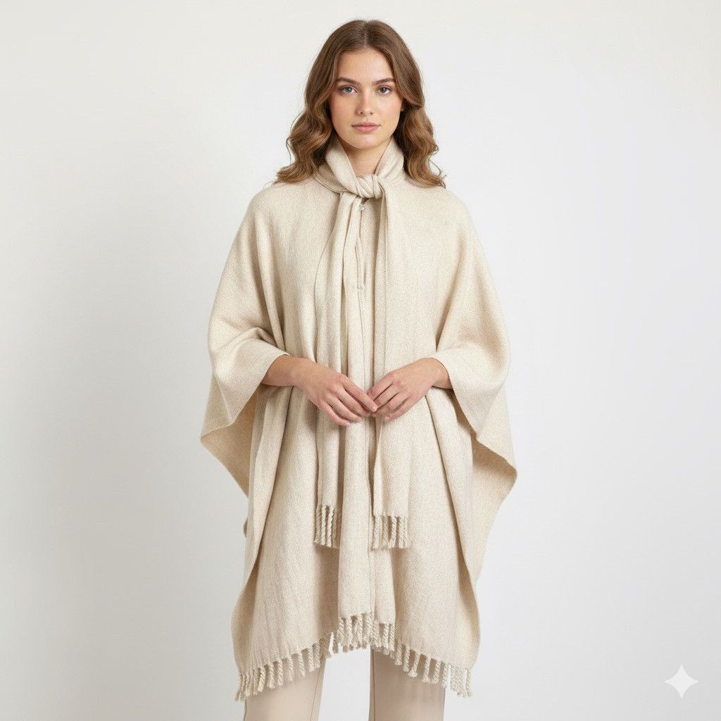 Vintage Ivory Wool Fringed Cape w/ Scarf Coat - O/S, Reversible Size ONE SIZE - 1 Thumbnail