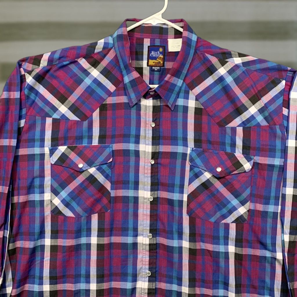 Vintage Rock Canyon Western Shirt Men's 3X Pearl Snap Plaid Blue Purple Black 2-Pockets Shirt Mens 3X Rock Canyon Western Pearl Snap Plaid 2-Pockets Size US XXL / EU 58 / 5 - 1 Thumbnail