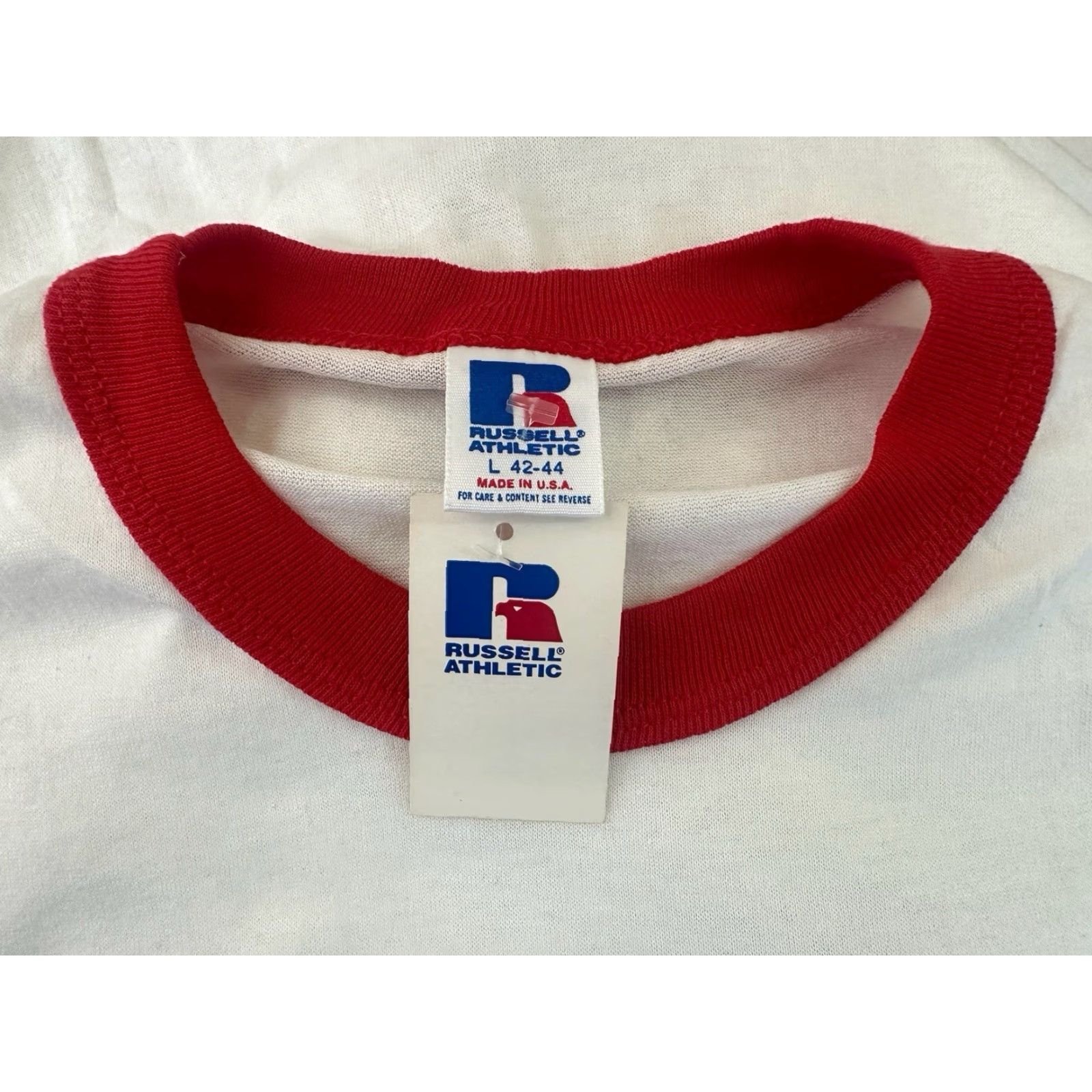 Russell Athletic VINTAGE Russell Athletic T-Shirt Mens L White 90s Oak Hills High School Ringer Tee Deadstock NWT Made in USA Size US L / EU 52-54 / 3 - 2 Thumbnail
