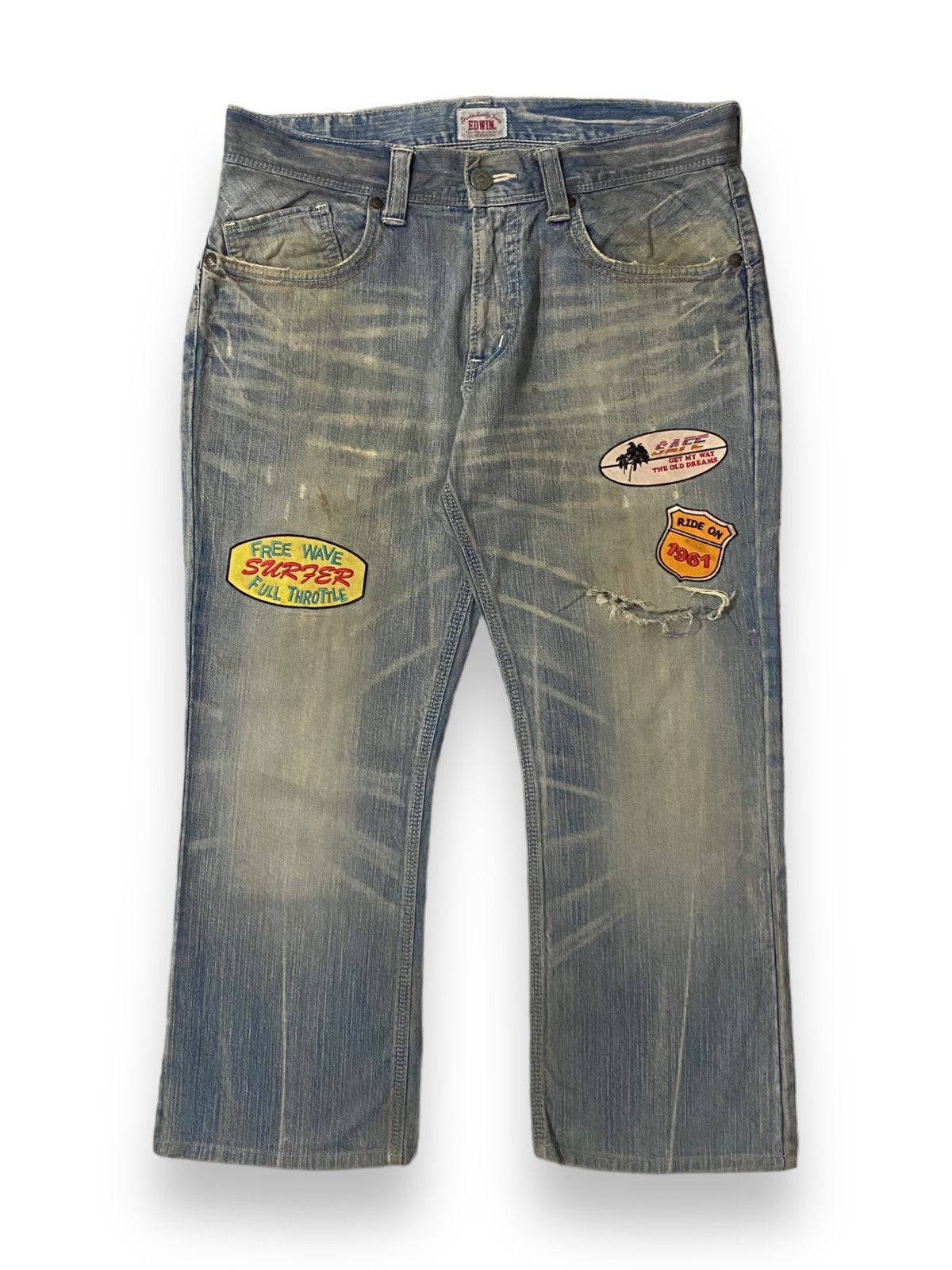 image of Avant Garde x Edwin Japan Crop Style Art Patches Surfer Distressed C' in Blue Jean, Men's (Size 36)