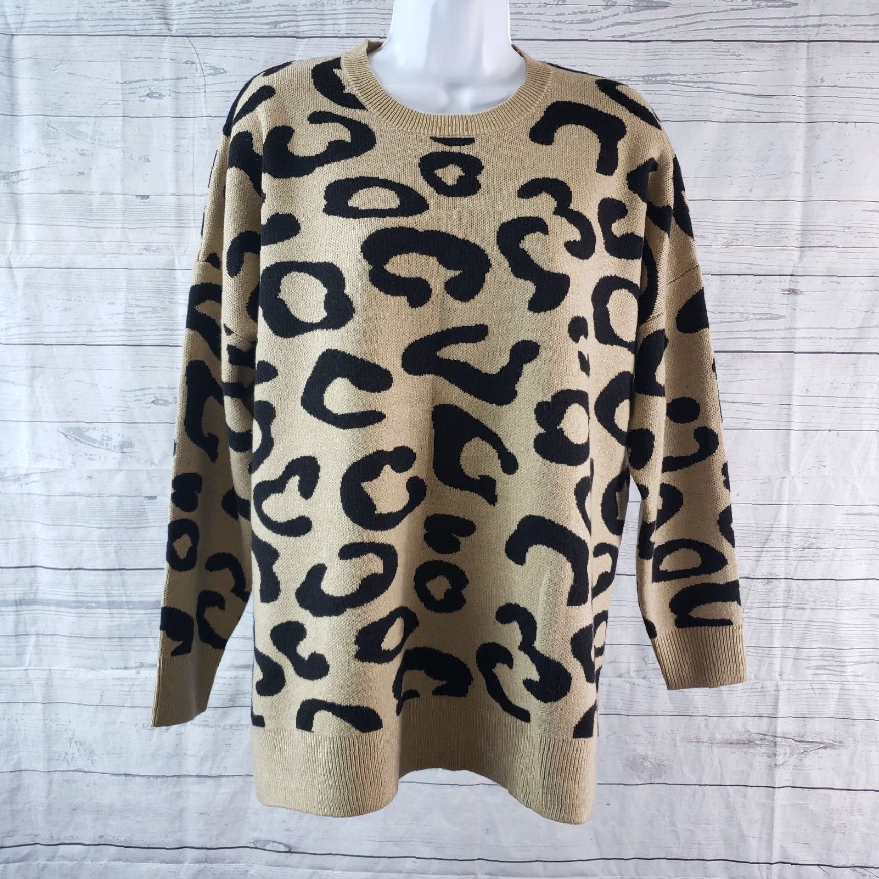 Vintage Mud Pie Womens Pullover Sweater Sz Small Tan Black Animal Print Oversized Size S / US 4 / IT 40 - 2 Thumbnail