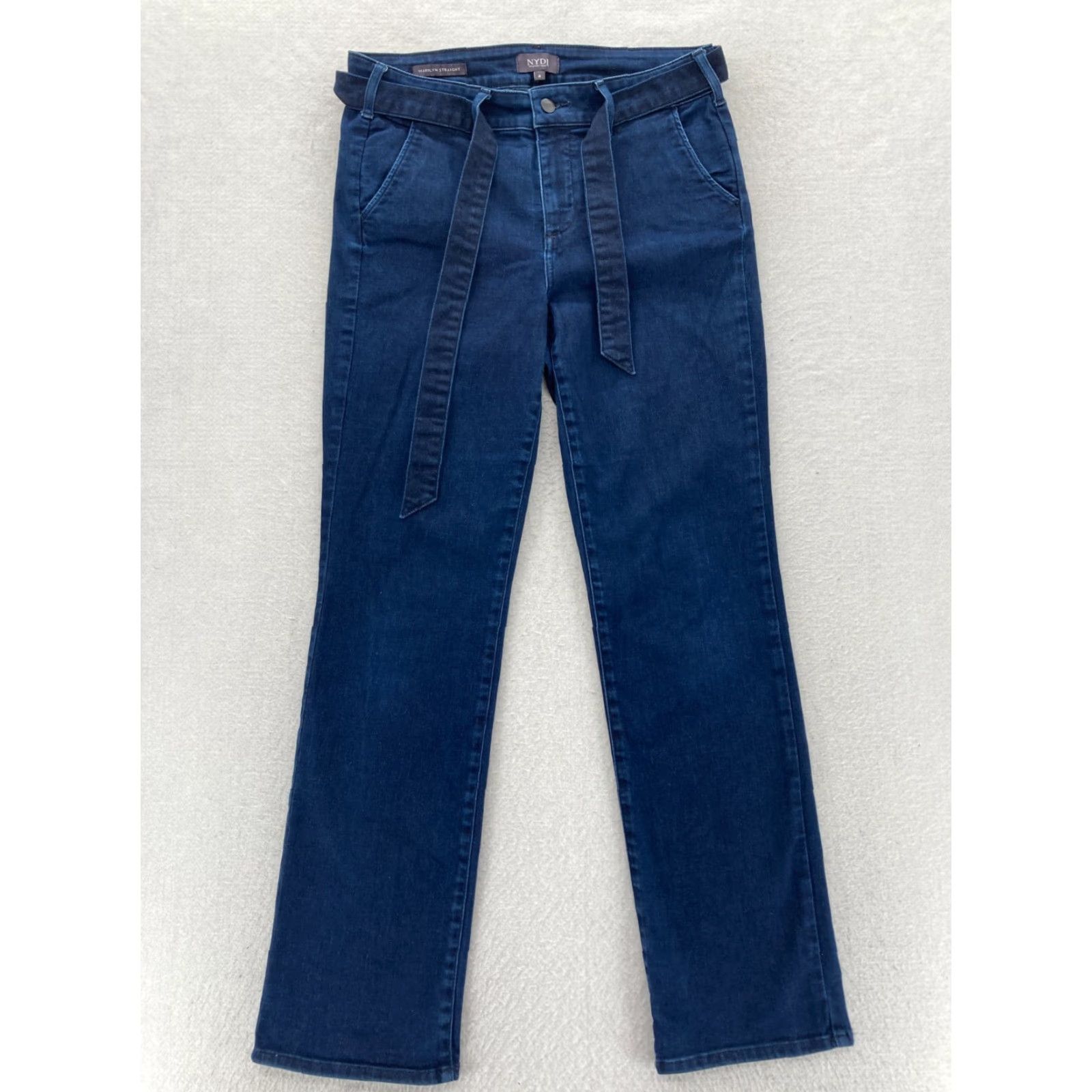 NYDJ NYDJ Marilyn Straight Jeans Women's 8 Dark Wash Blue Stretch Denim Tie Waist Size 30" / US 8 / IT 44 - 2 Thumbnail