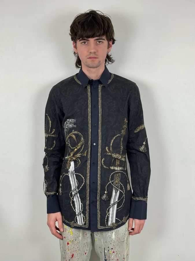 Dolce & Gabbana AW2017 Dolce & Gabbana Navy & Black Baroque Swords Shirt Size US M / EU 48-50 / 2 - 2 Thumbnail