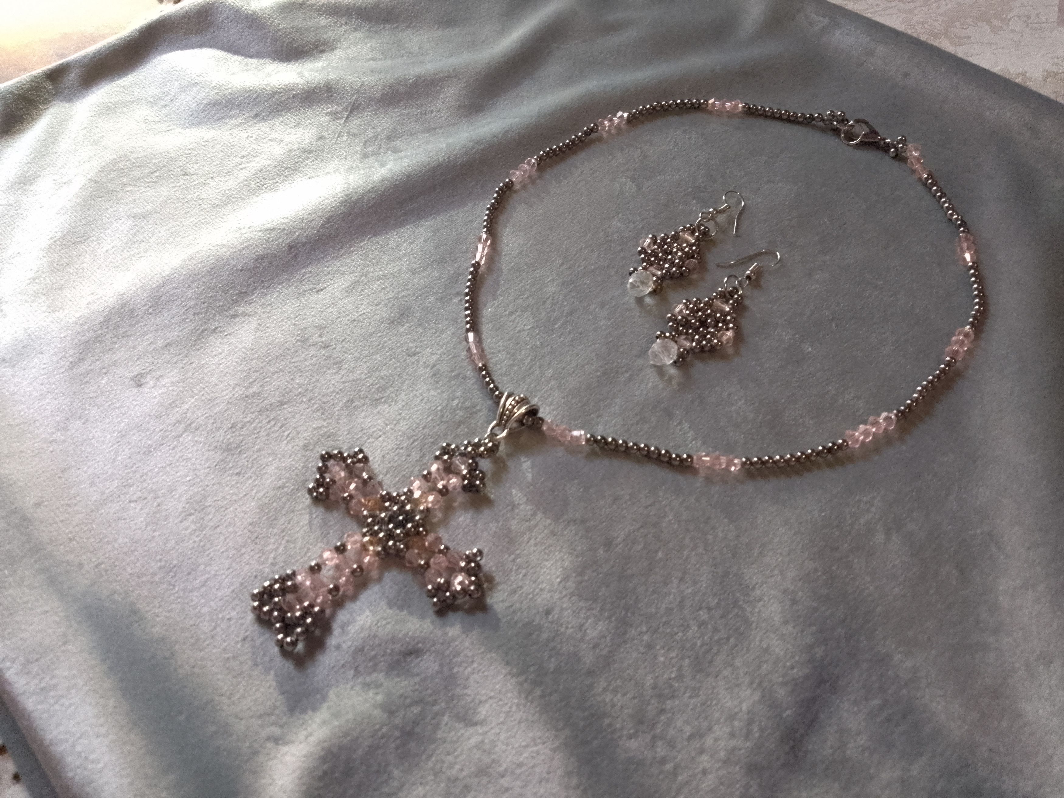 Handmade Necklace with cross pendant Earrings. Pink crystal+ brass Size ONE SIZE - 7 Thumbnail
