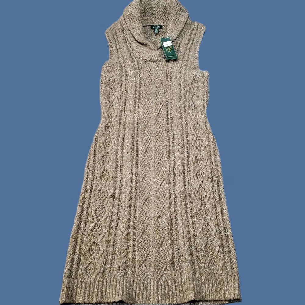 Ralph Lauren Lauren Ralph Lauren Sweater Dress Women Large Brown Wool Blend Shawl Cable Knit Chunky Pullover - 18" x 39" - Casual Knit Dress Size L / US 10 / IT 46 - 1 Thumbnail