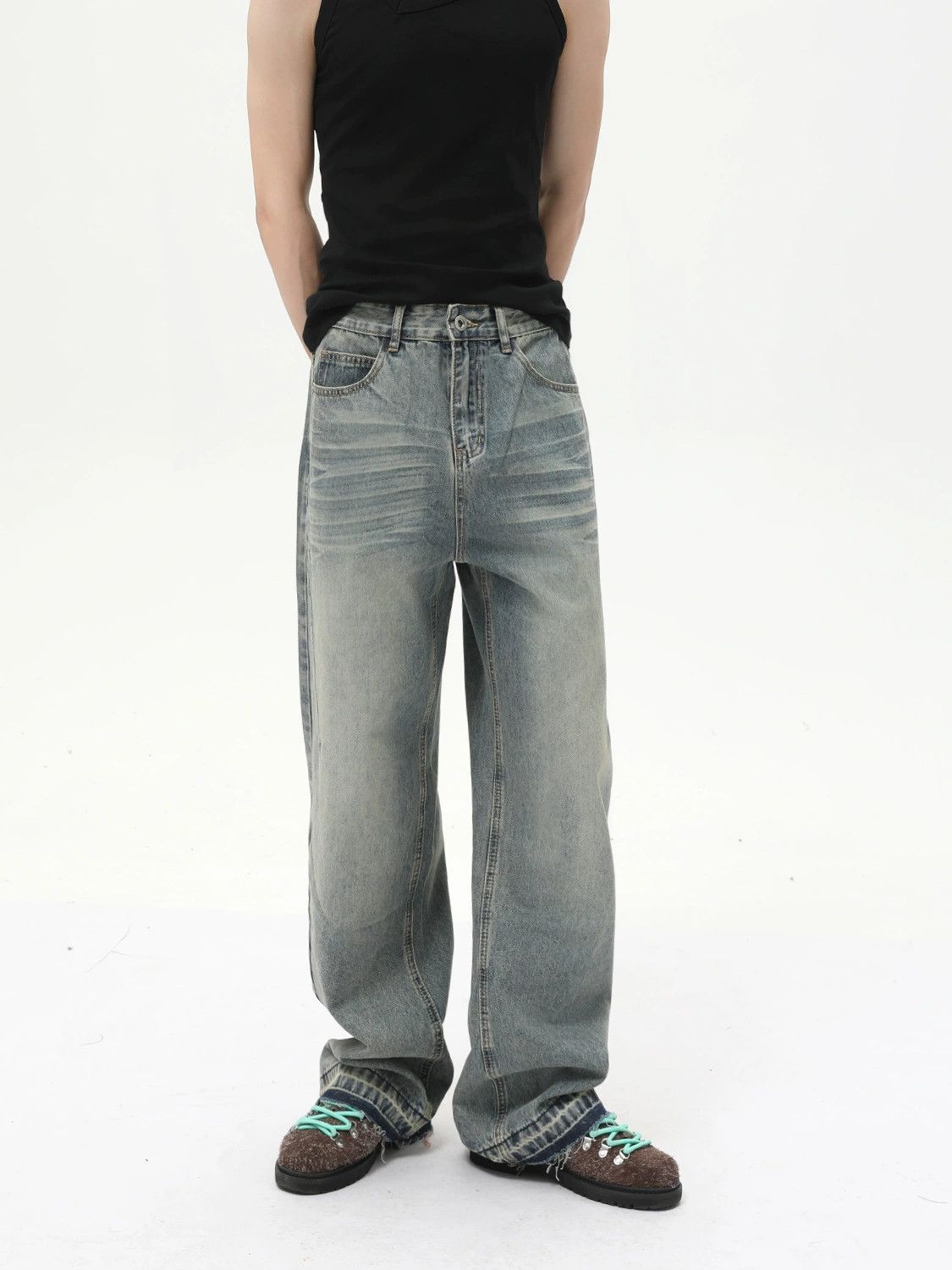 Vintage Retro distressed raw edge all-match casual loose jeans Size US 32 / EU 48 - 2 Thumbnail
