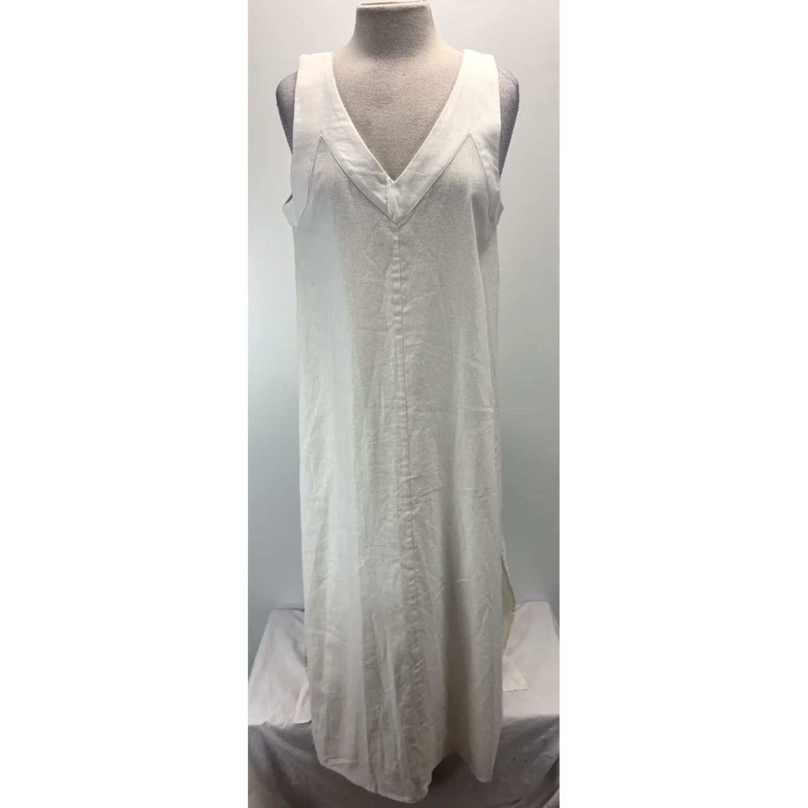 DKNY DKNY V-Neck Linen Maxi Slip Dress Minimalist Lagenlook Classic Quiet Luxury M Dress Women Long White Sleeveless Pullover Casual Travel Party/Cocktail Size M / US 6-8 / IT 42-44 - 2 Thumbnail