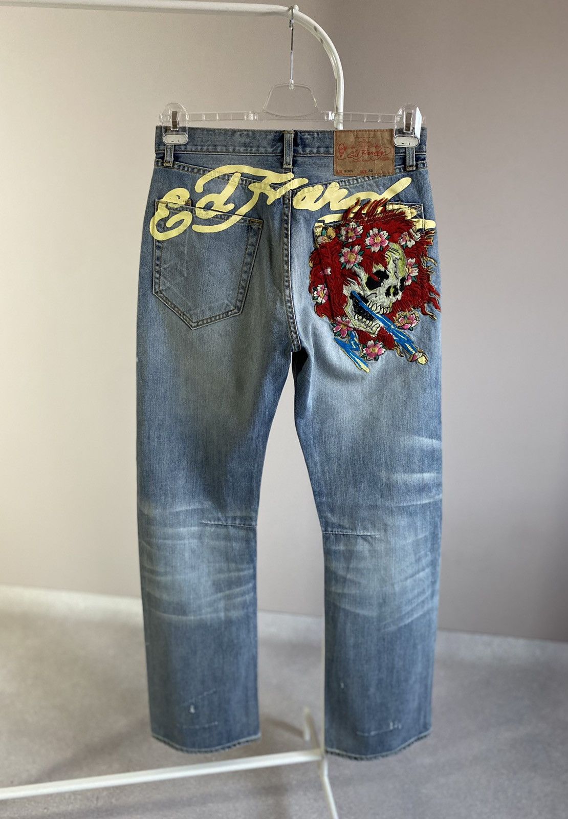 image of Christian Audigier x Ed Hardy Skull Big Embroidered Logo Jeans Pants in Denim, Men's (Size 32)