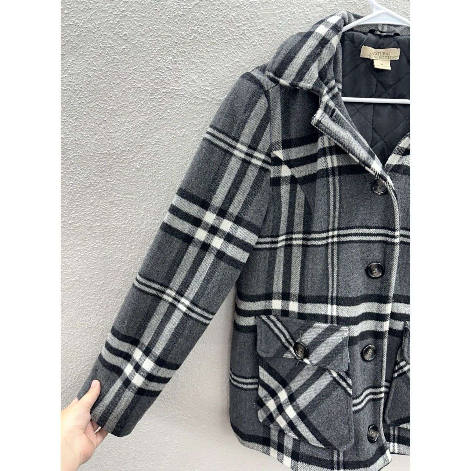 Vintage Natural Reflections Women’s Peacoat Size Medium Grey Plaid Wool Button Up Jacket Size M / US 6-8 / IT 42-44 - 2 Thumbnail