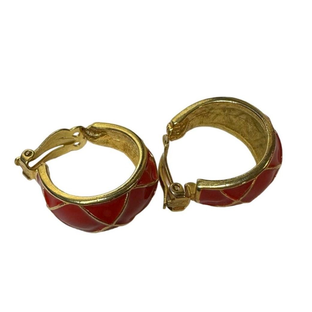 Vintage Christmas Red Gold Criss Cross Enamel Hoop Clip Earrings 80s Size ONE SIZE - 5 Thumbnail
