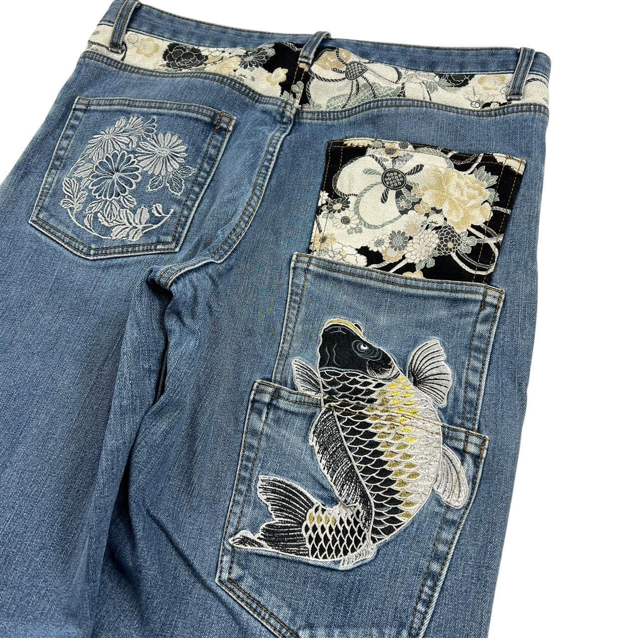 Japanese Brand Vintage Embroidered Koi Fish Japanese Denim Jeans - Waist 35 Size US 35 - 3 Thumbnail