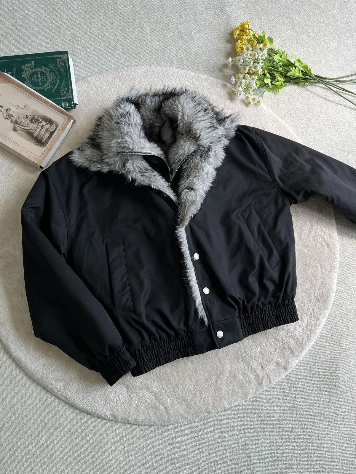 Vintage Black Faux Fur Collar Bomber Jacket, Winter Outerwear Size US M / EU 48-50 / 2 - 1 Thumbnail