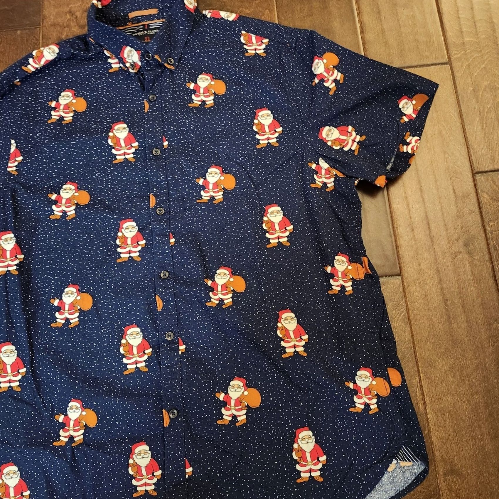 Denime Denim & Flower Button-Down Short Sleeves Santa Claus Graphic Print Denim Shirt Mens Large Blue Size US 33 - 4 Thumbnail