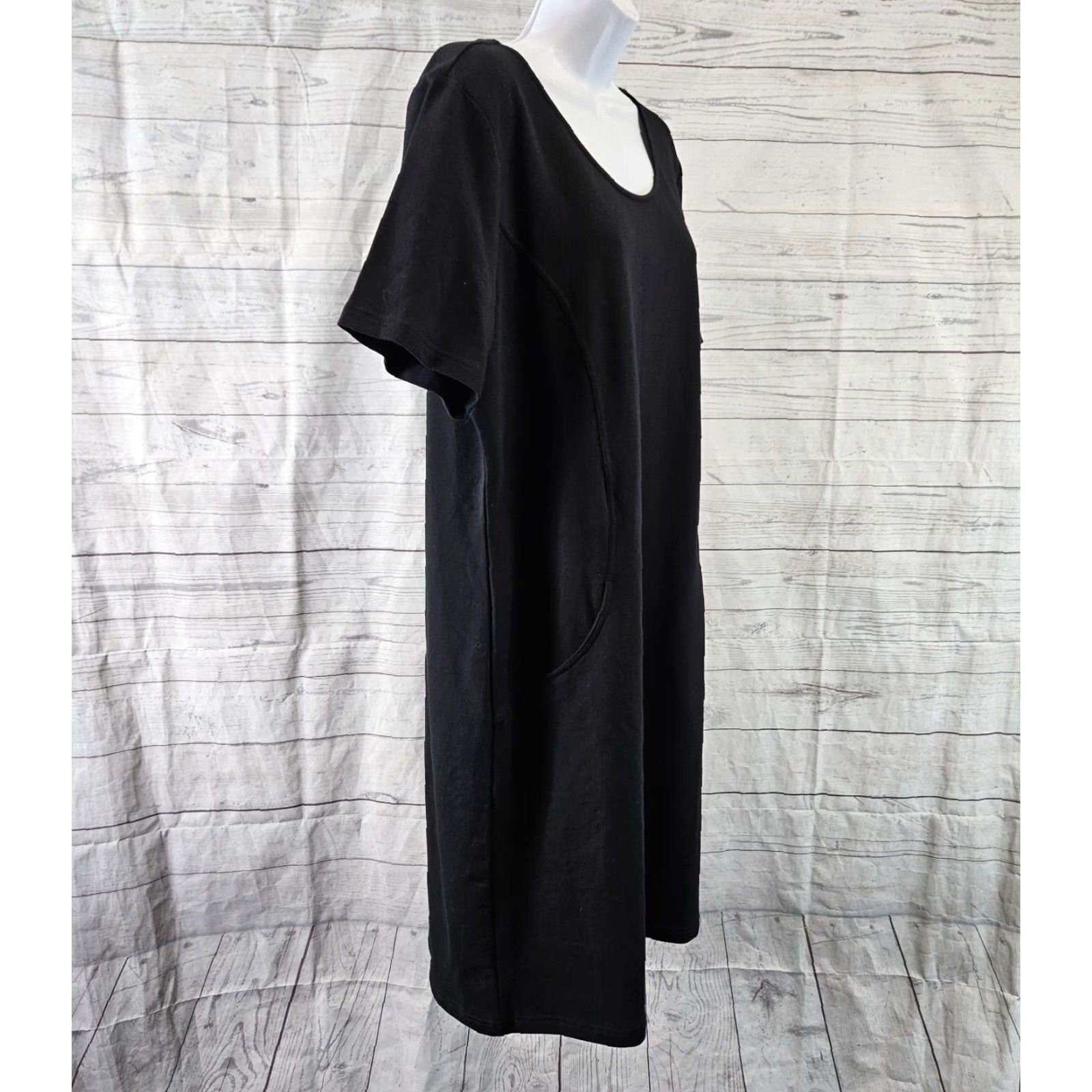 Vintage D&Co Active Womens Dress Large Solid Black Pockets Cotton Blend Scoop Neck Shift Dress Size L / US 10 / IT 46 - 3 Thumbnail