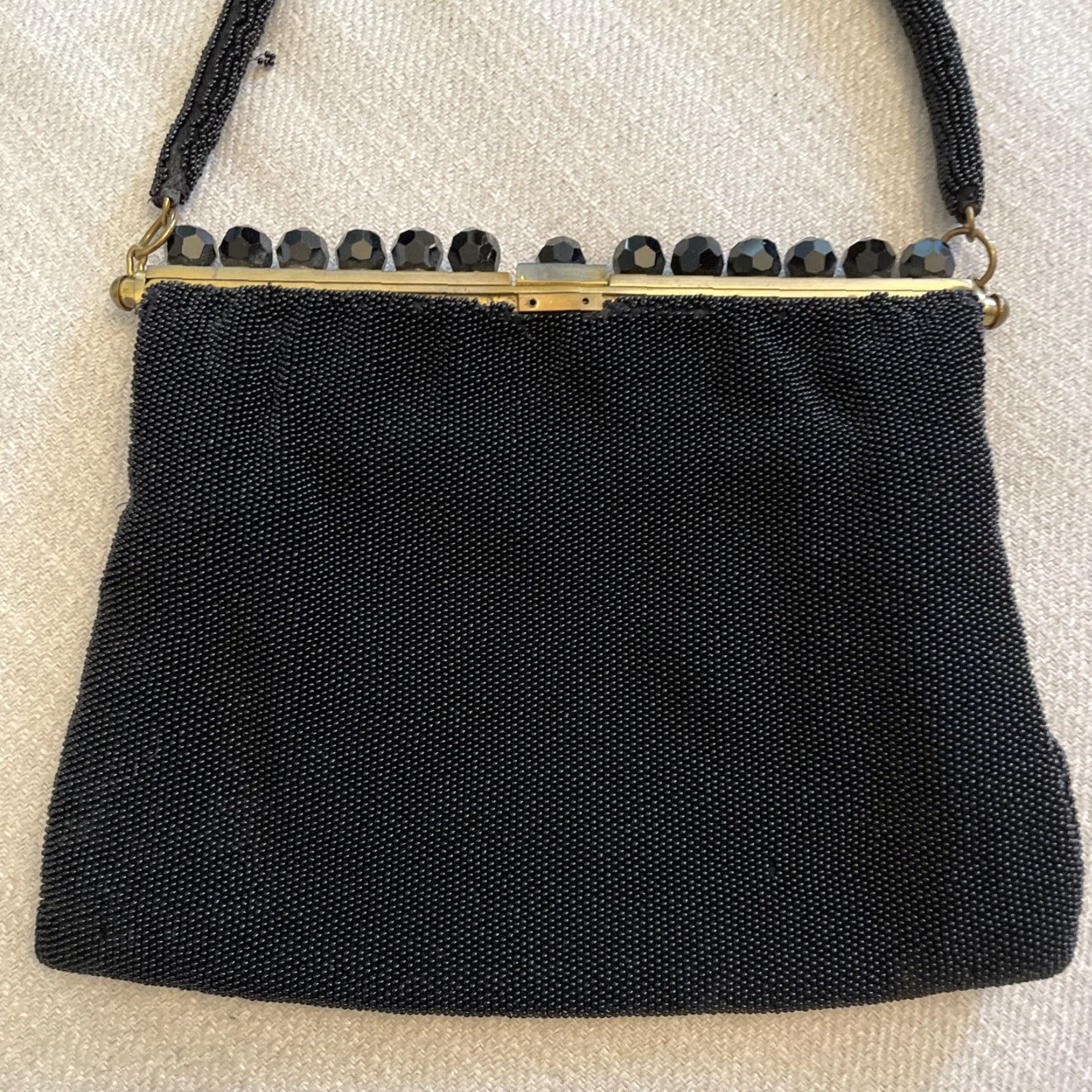 Vintage VINTAGE Black Beaded Evening Bag Handle Small Crystal Brass Handmade in France Women Evening Bag France Crystal Beaded Bag Womens Size ONE SIZE - 7 Thumbnail