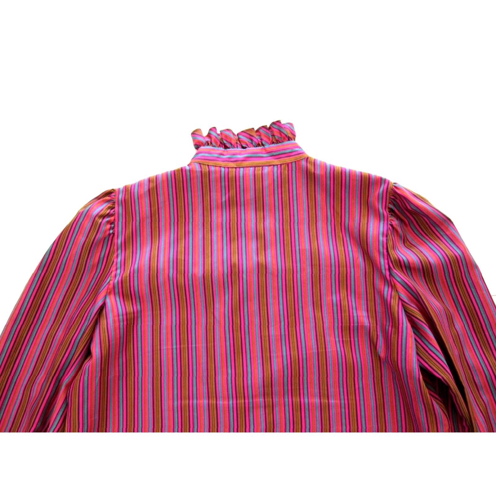 Vintage VINTAGE Lucky Me Pink Blouse Striped High Neck Long Sleeve Ruffle Button Large Women Size L / US 10 / IT 46 - 5 Thumbnail