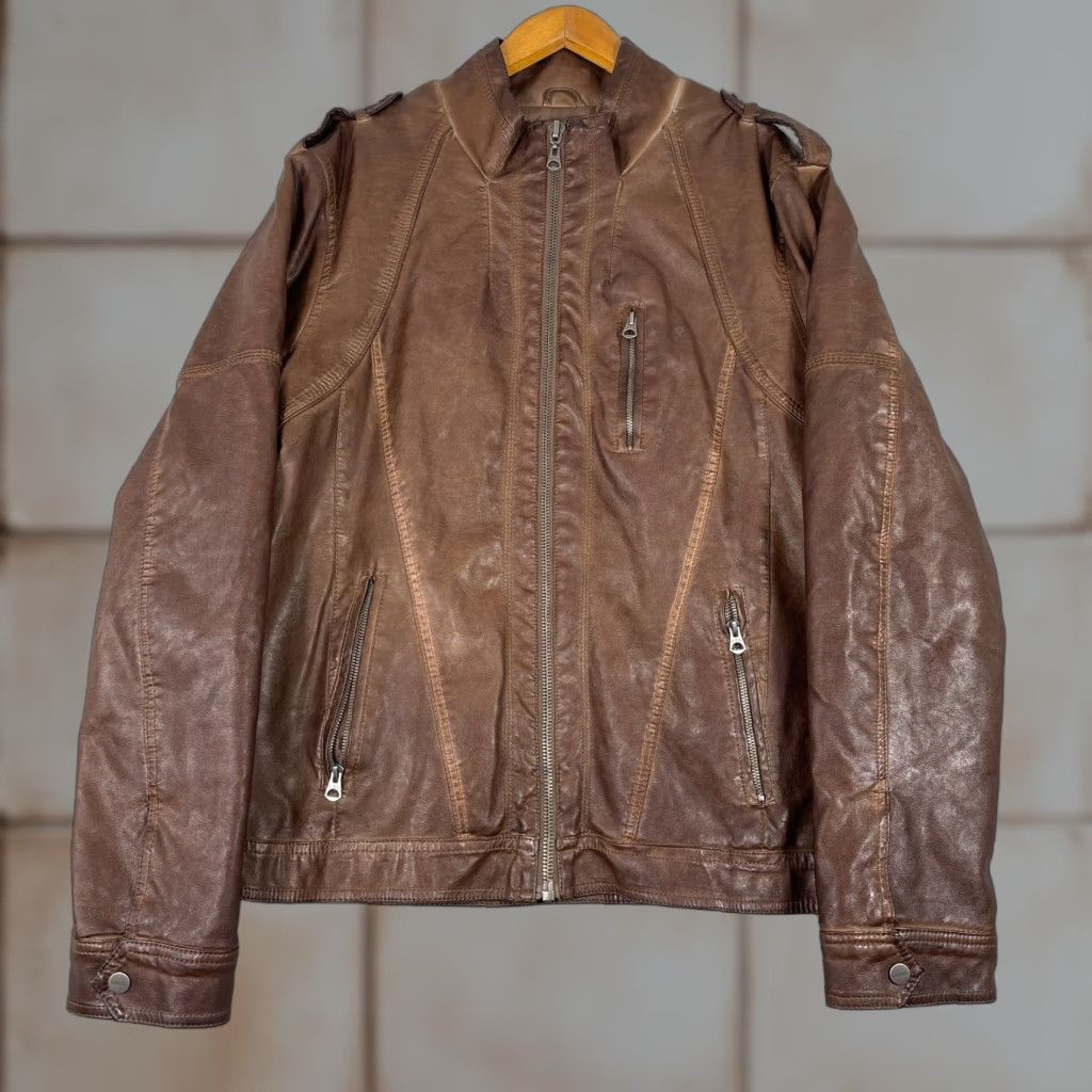 VINTAGE Guess Faux Leather Jacket Womens XL Brown Zip Moto Y2K Vintage Style Jacket