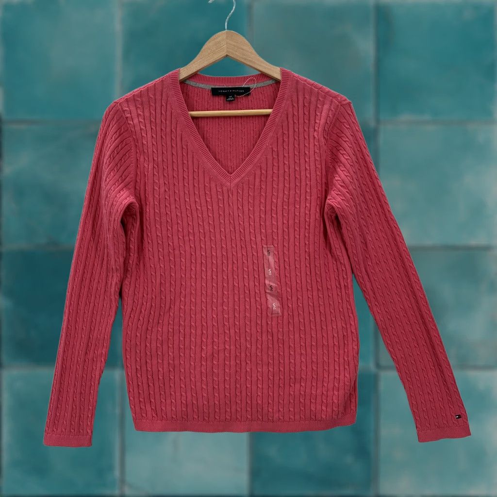 Tommy Hilfiger Tommy Hilfiger Sweater Womens Small Pink 100% Cotton V Neck Cable Knit Pullover Size S / US 4 / IT 40 - 1 Thumbnail