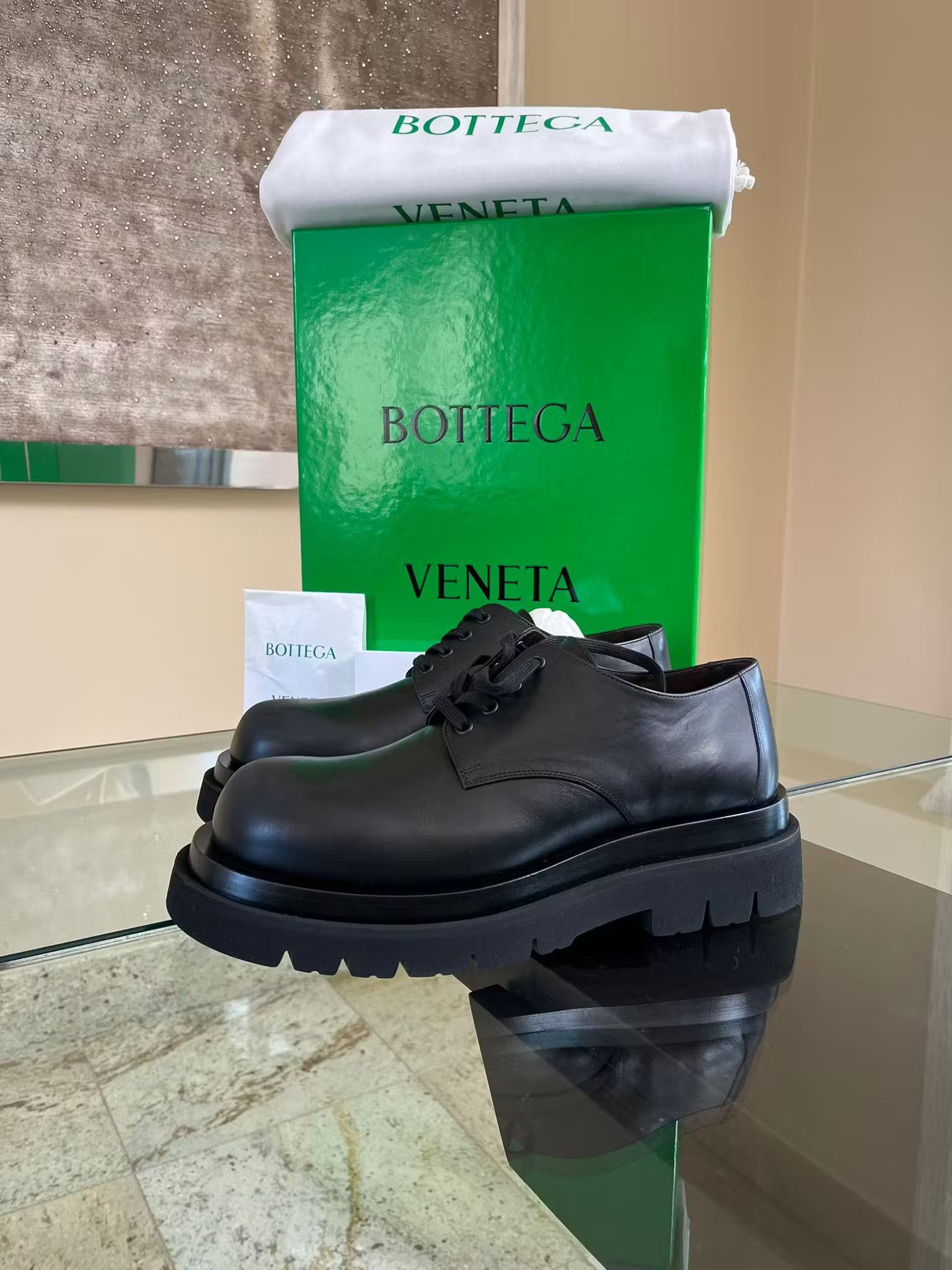 image of Bottega Veneta Military Calf Lug Boots Low Top In Black, Men's (Size 12)
